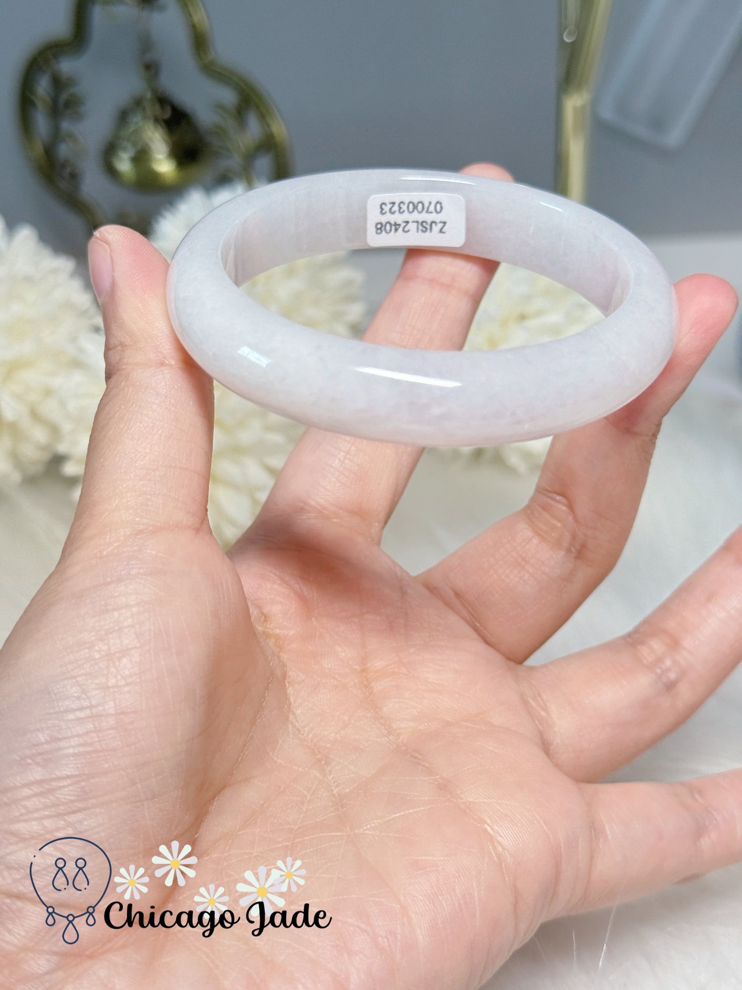 56.8mm SIze M Moonlight White Flat Inside Natural Grade A Untreated Certified Burma Jadeite Jade Feicui Bangle