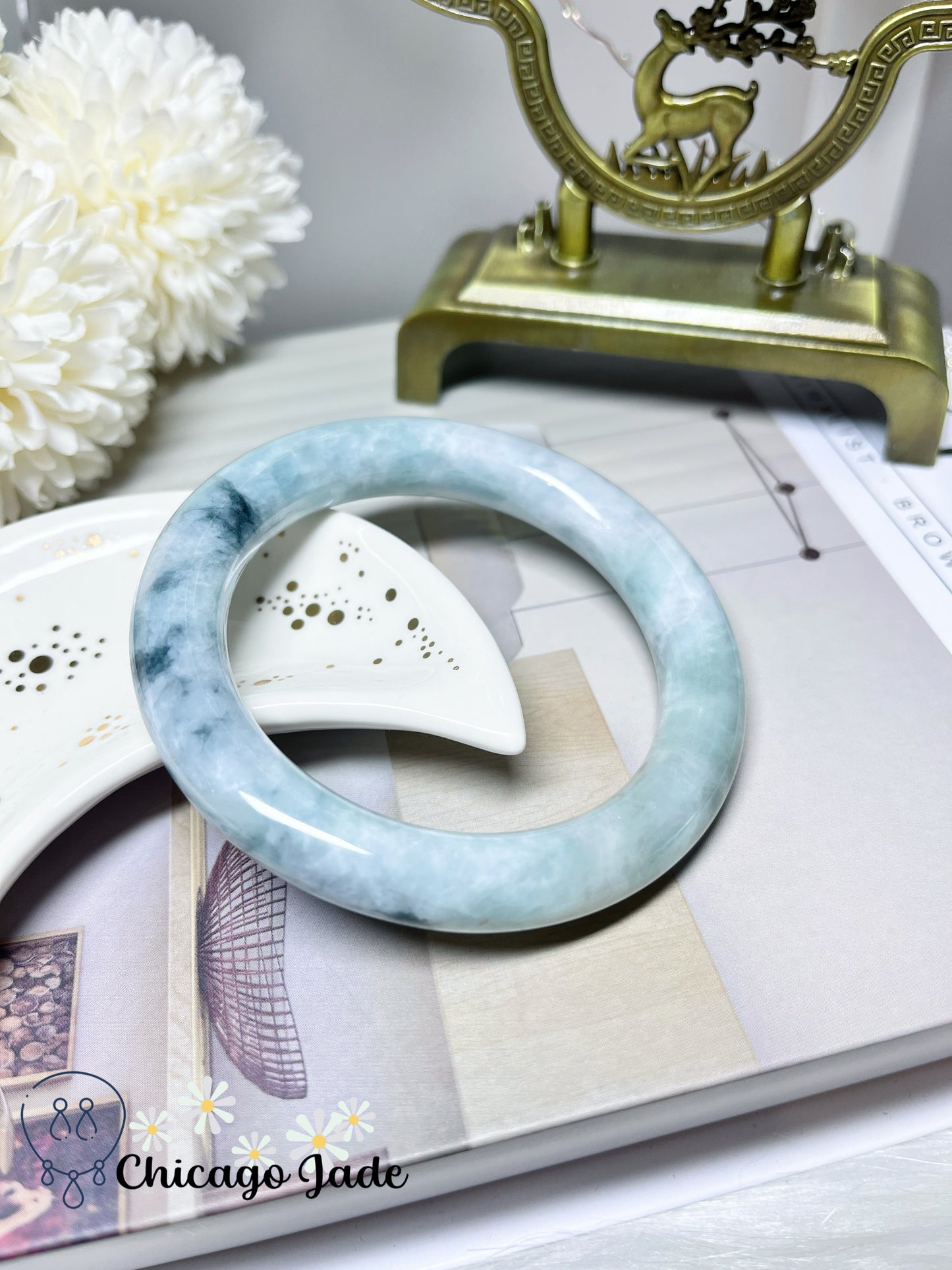 58.8mm Size L Light Green Base Darker Green Highlights Round Jadeite Jade Feicui Bangle Certified Burma