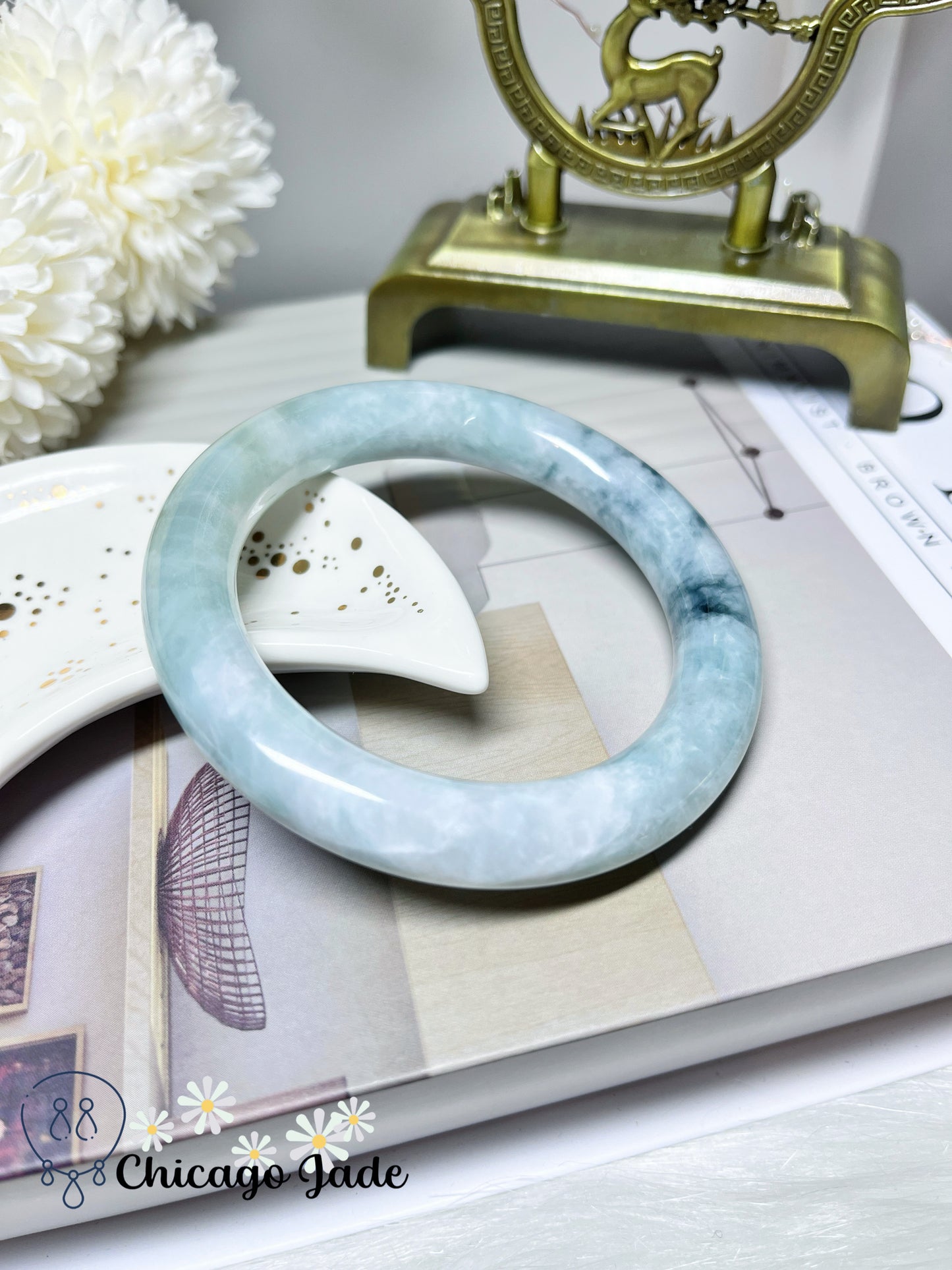 58.8mm Size L Light Green Base Darker Green Highlights Round Jadeite Jade Feicui Bangle Certified Burma