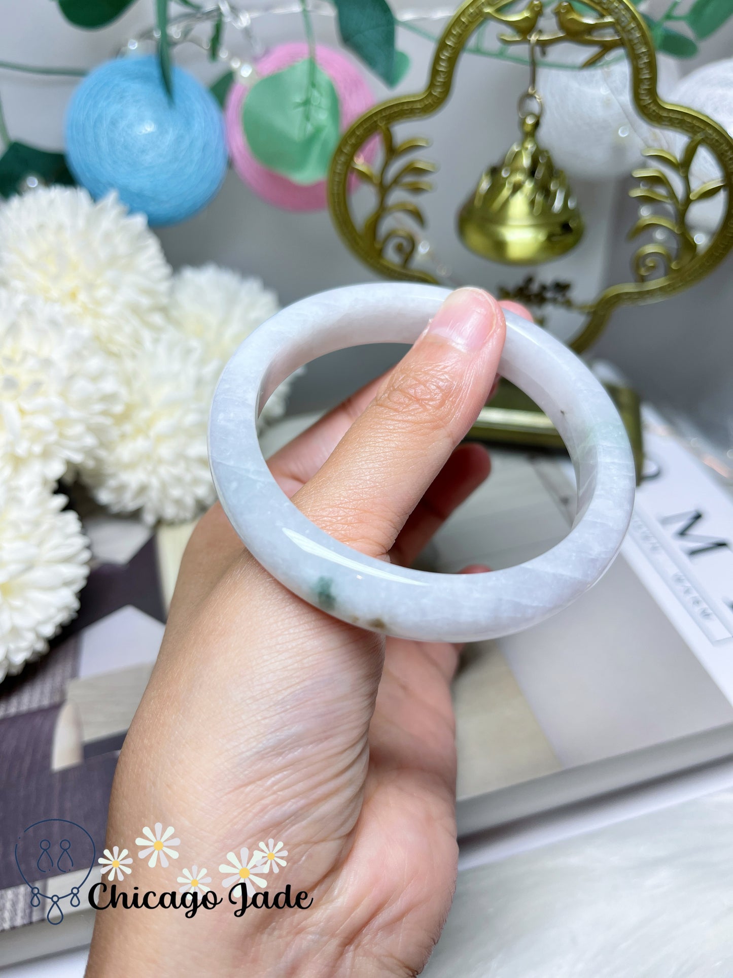 57.2mm Size M Icy Moonlight with Green Flowers Natural Jadeite Jade Feicui Bangle Certified Burma