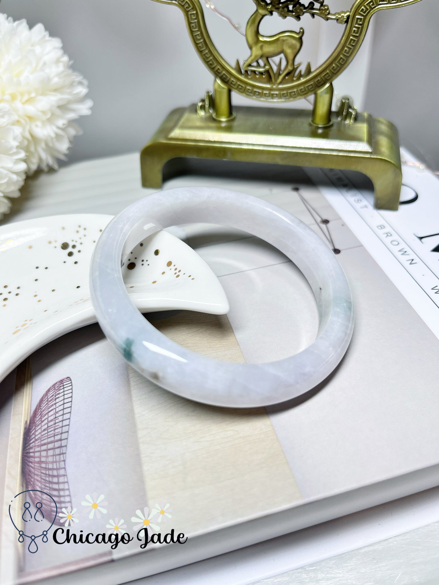 57.2mm Size M Icy Moonlight with Green Flowers Natural Jadeite Jade Feicui Bangle Certified Burma