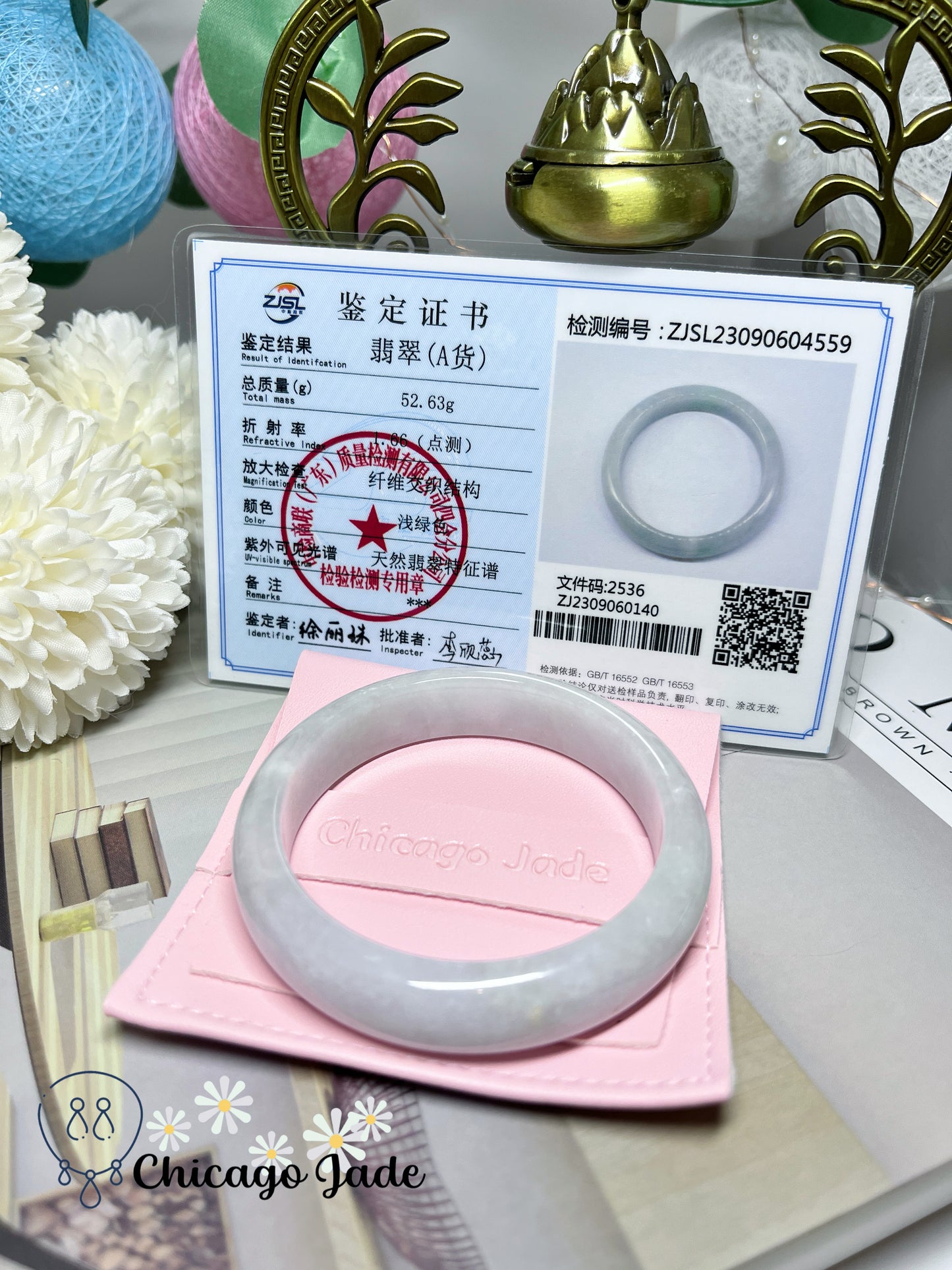 54.9mm Size S Icy Moonlight White Translucent Jadeite Jade Feicui Bangle Certified Burma