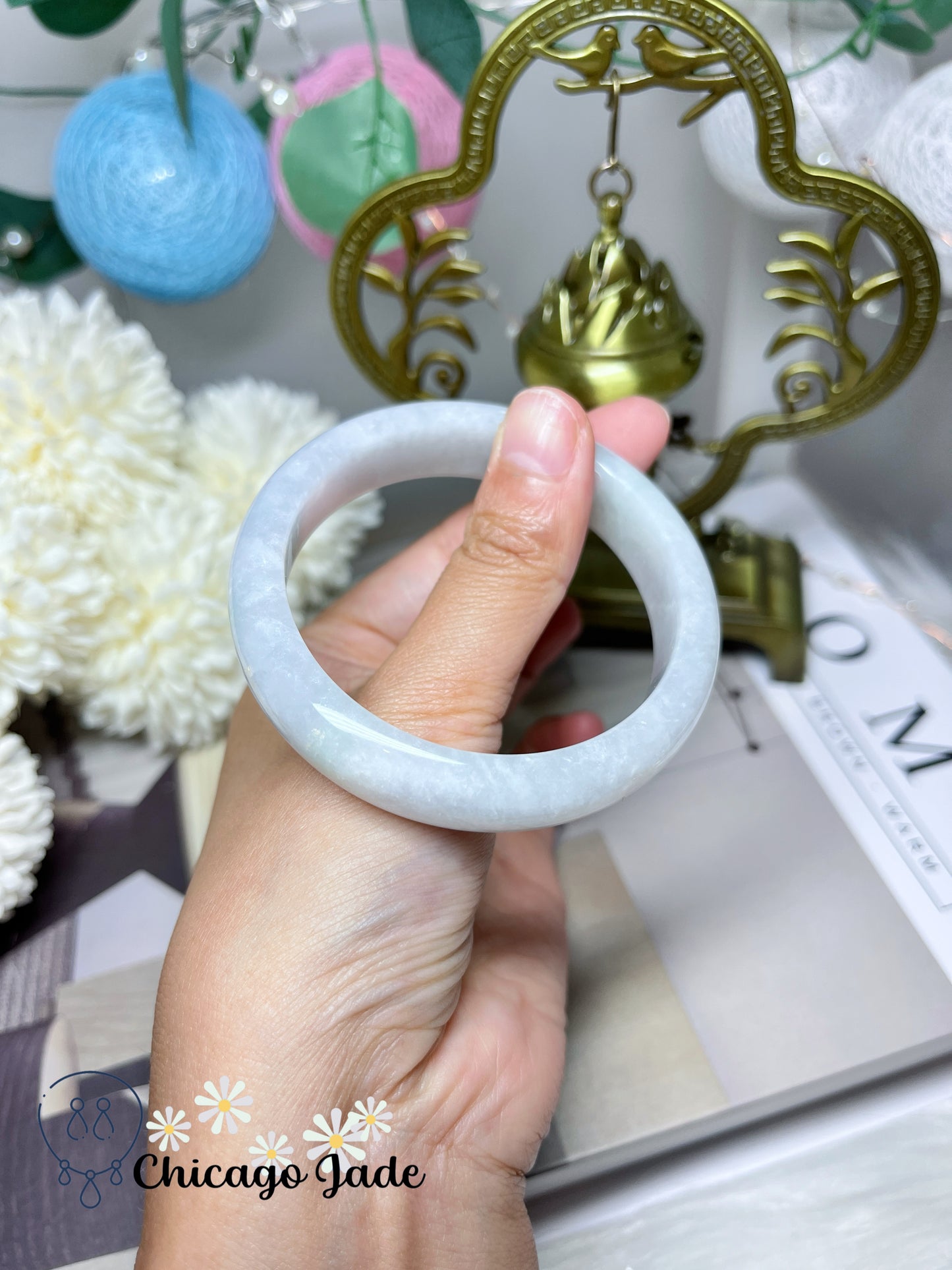 54.9mm Size S Icy Moonlight White Translucent Jadeite Jade Feicui Bangle Certified Burma
