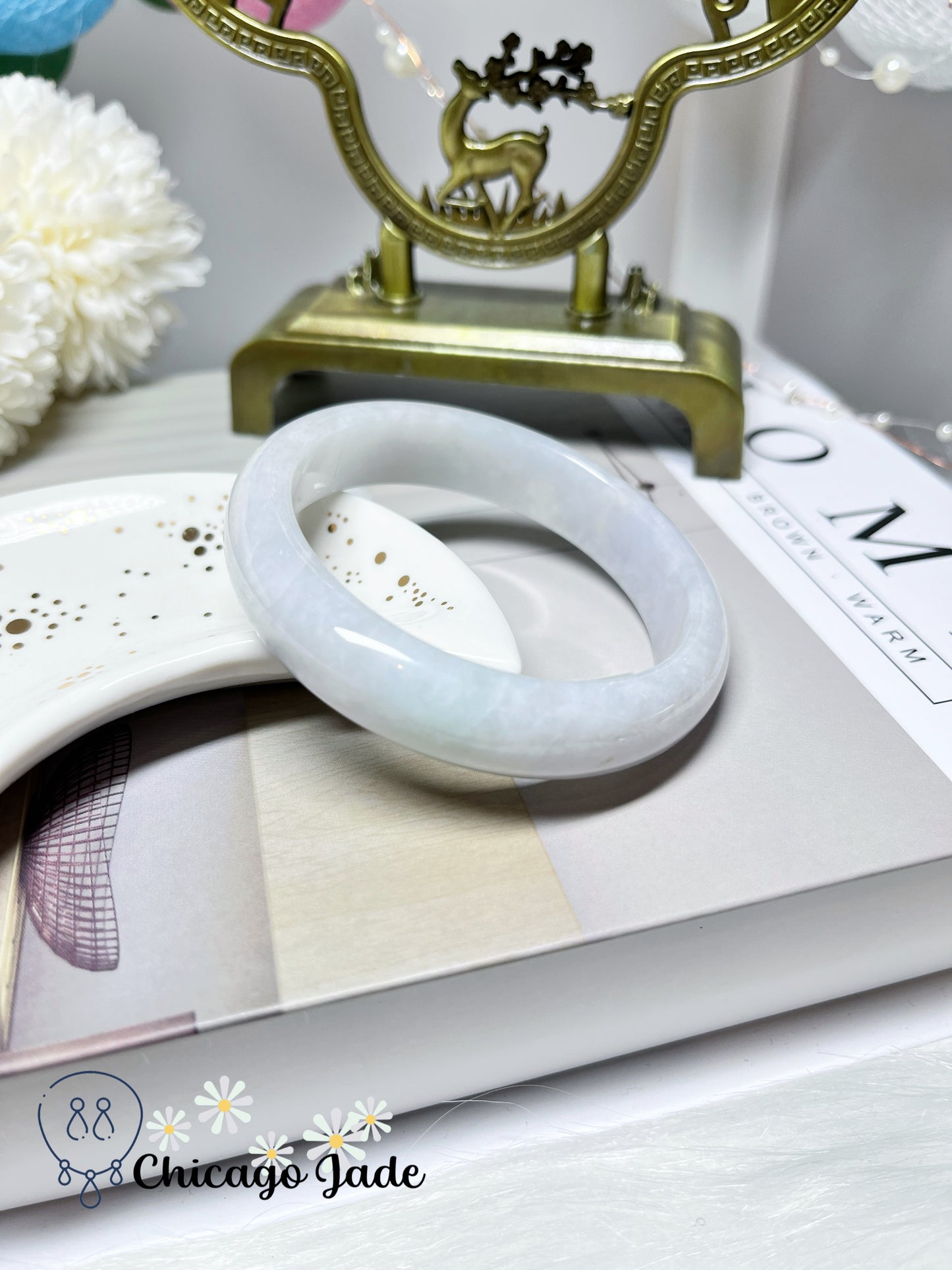 54.9mm Size S Icy Moonlight White Translucent Jadeite Jade Feicui Bangle Certified Burma