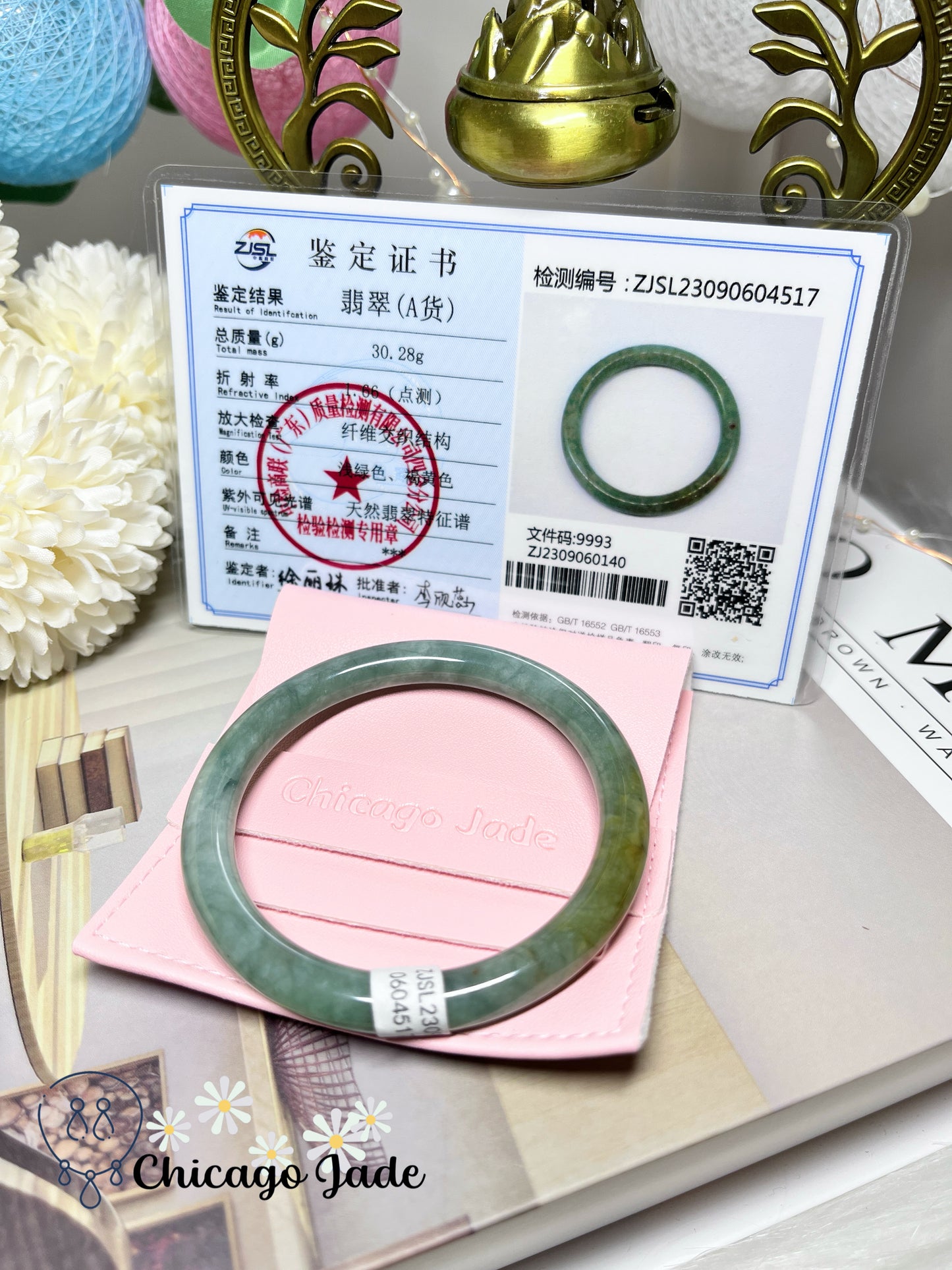 55.8mm Size M Full Green with Yellow Highlight Perfect Round Jadeite Jade Feicui Bangle Certified Burma