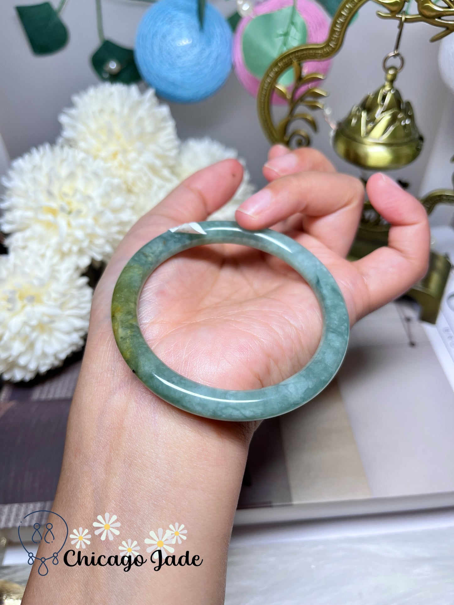 55.8mm Size M Full Green with Yellow Highlight Perfect Round Jadeite Jade Feicui Bangle Certified Burma