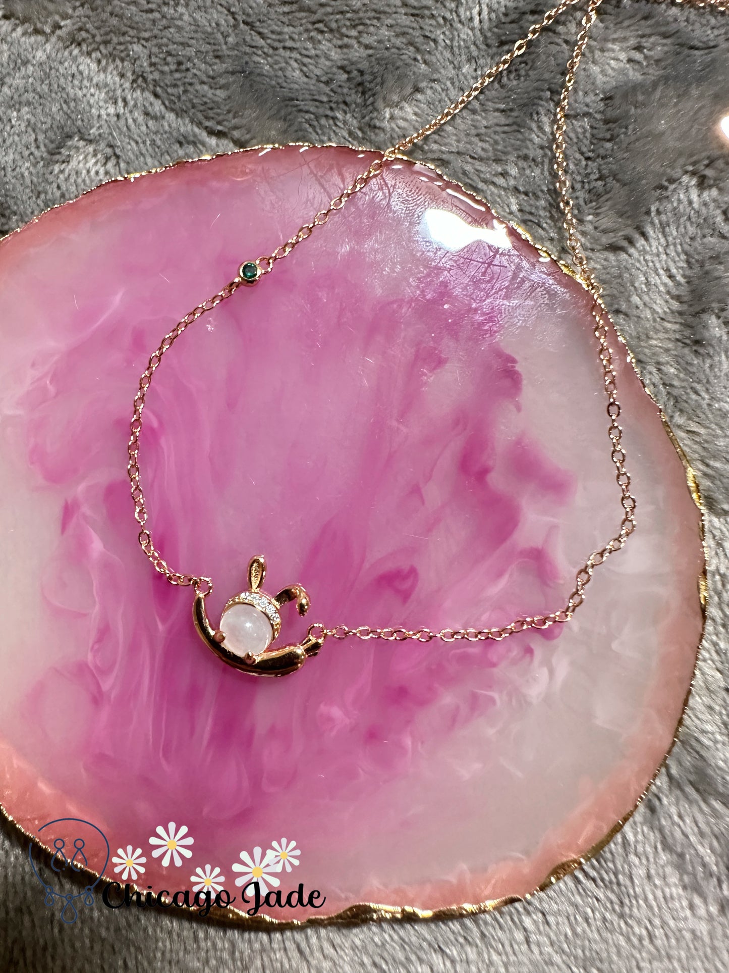 Cute bunny design jadeite jade necklace s925 sterling silver