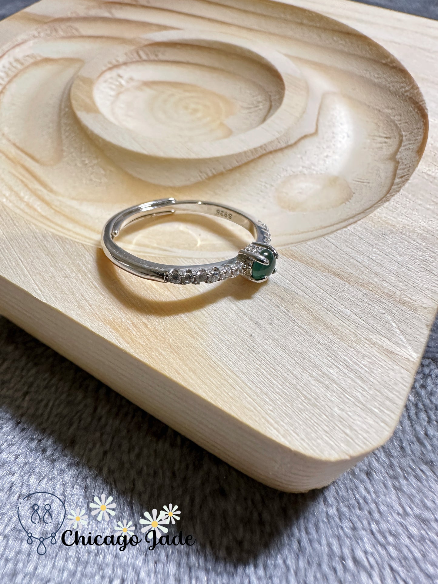 Finely polished jadeite jade sterling silver ring - adjustable size