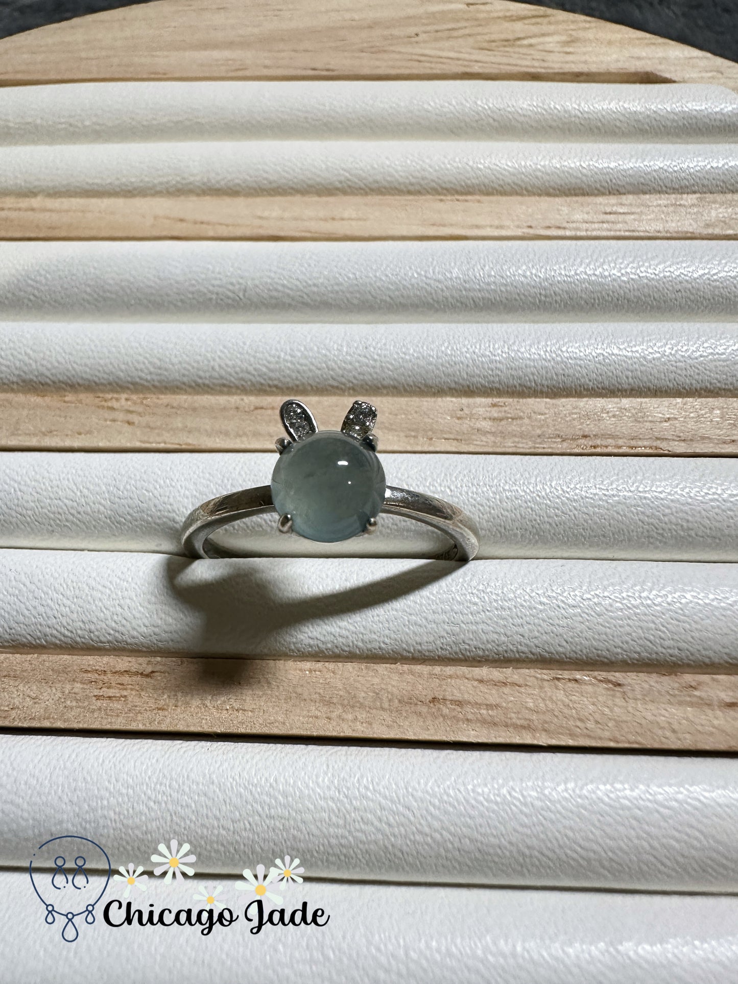 Cute bunny design light blue translucent jadeite jade stone sterling silver ring