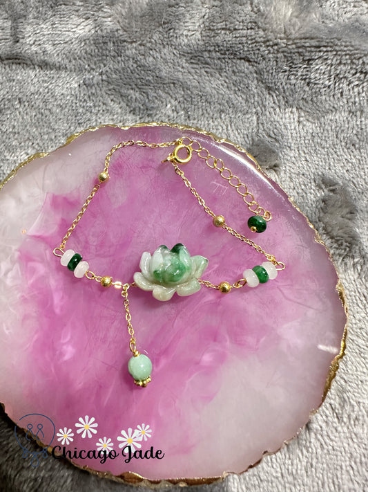 Authentic jadeite jade stone carve gradient green lotus sterling silver bracelet handmade with love
