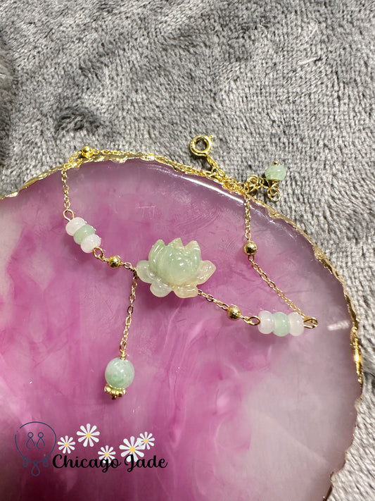 Gold plated sterling silver bracelet with lotus jadeite jade stone design - handmade with love