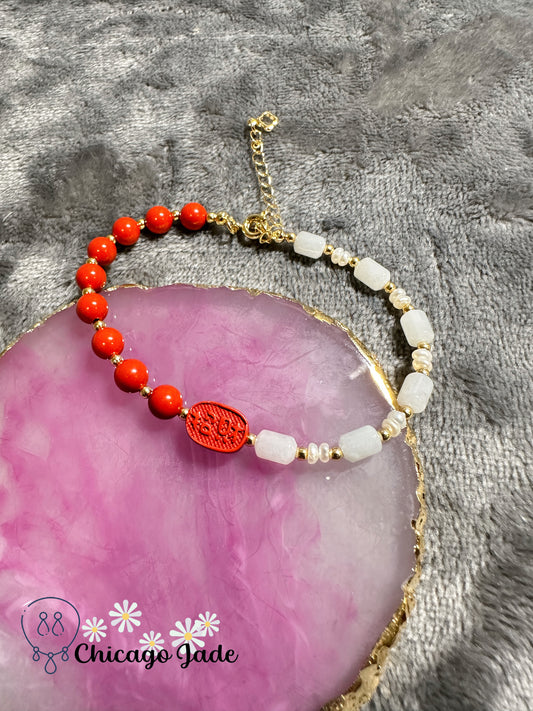 Jadeite beaded bracelet with freshwater pearl and red wood alloy