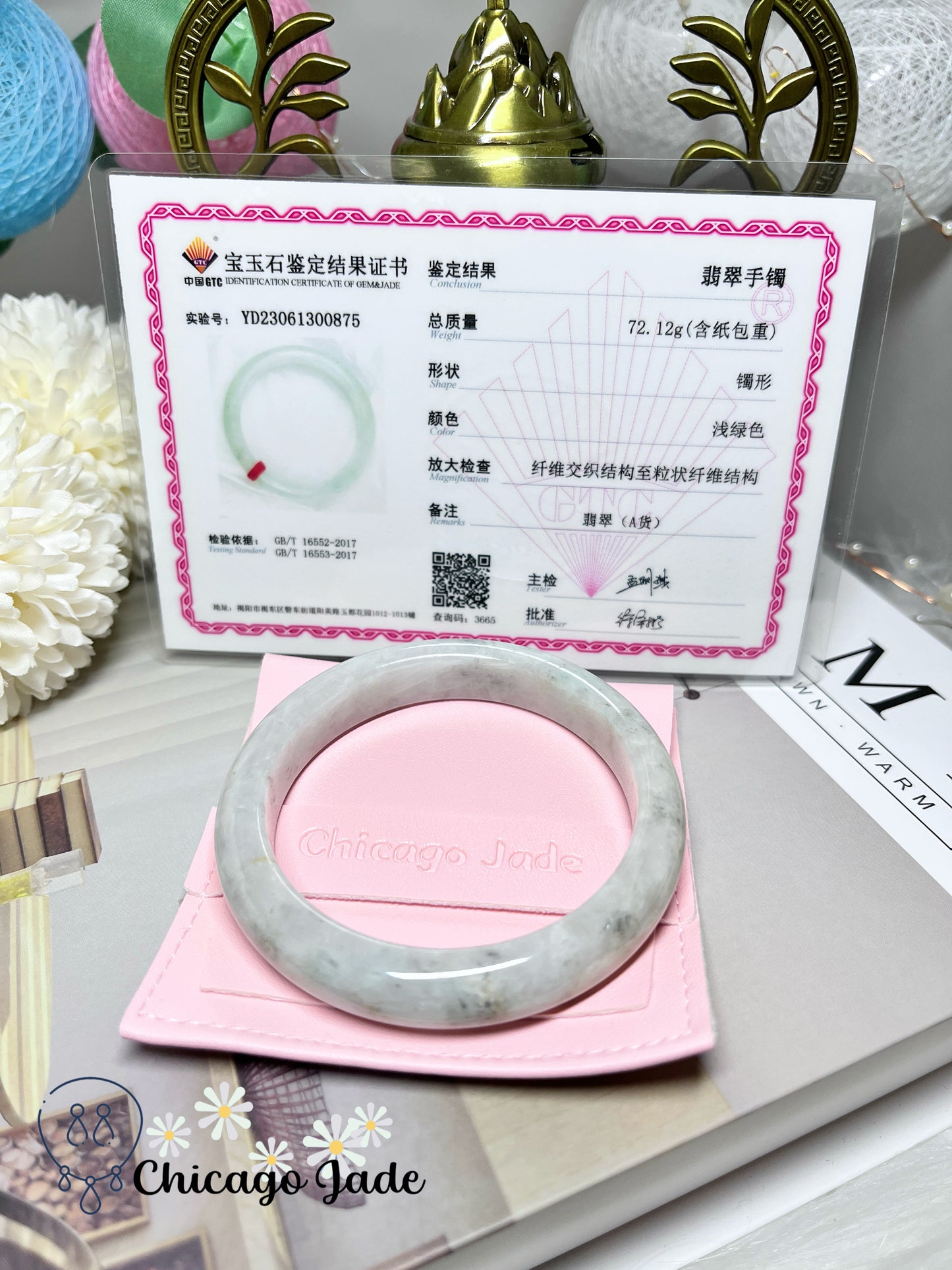 57.2mm Size M Faint Icy Apple Green Base with Grey Touches Flat Inside Jadeite Jade Feicui Bangle