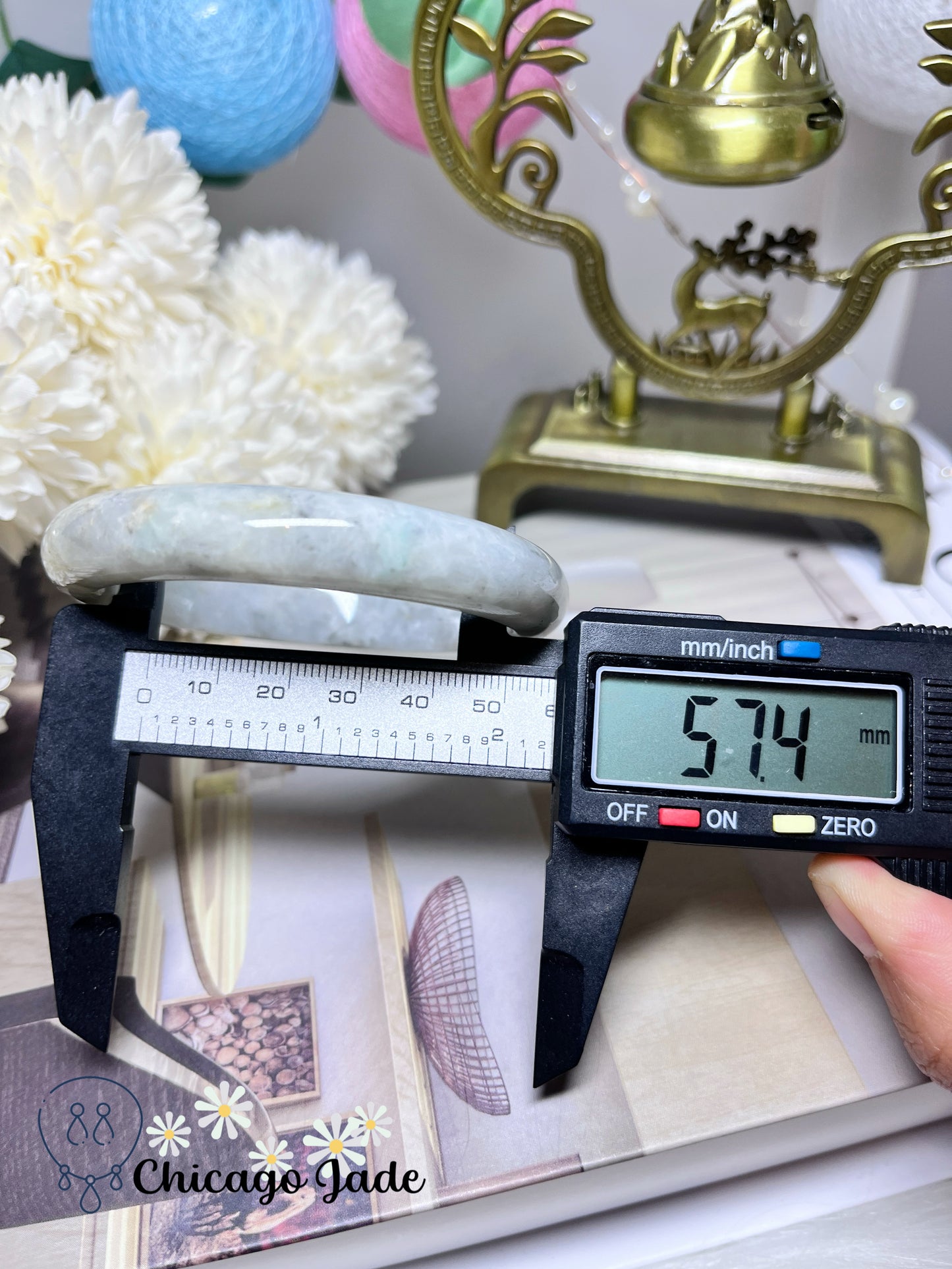 57.2mm Size M Faint Icy Apple Green Base with Grey Touches Flat Inside Jadeite Jade Feicui Bangle