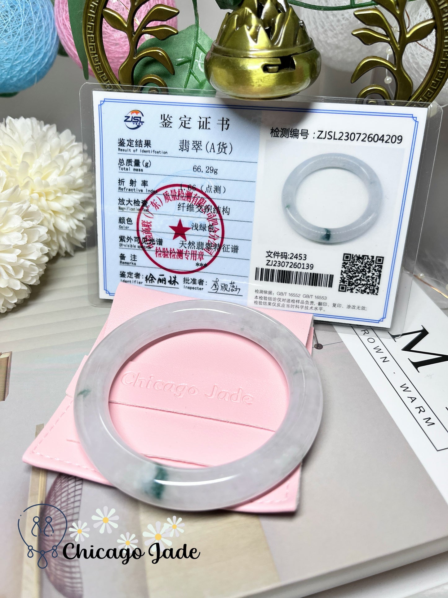 57.2mm Size M Icy Translucent High Quality Round Jadeite Jade Feicui Bangle Handmade Gift