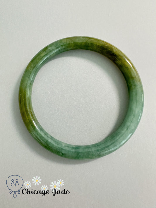 Half green half yellow round jadeite jade bangle authentic with certificate size L
