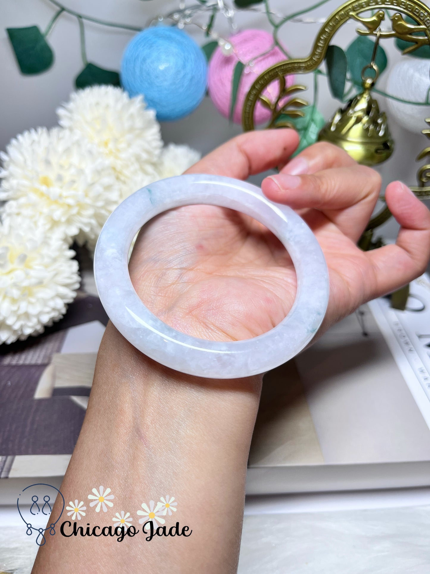 57.2mm Size M Icy Translucent High Quality Round Jadeite Jade Feicui Bangle Handmade Gift