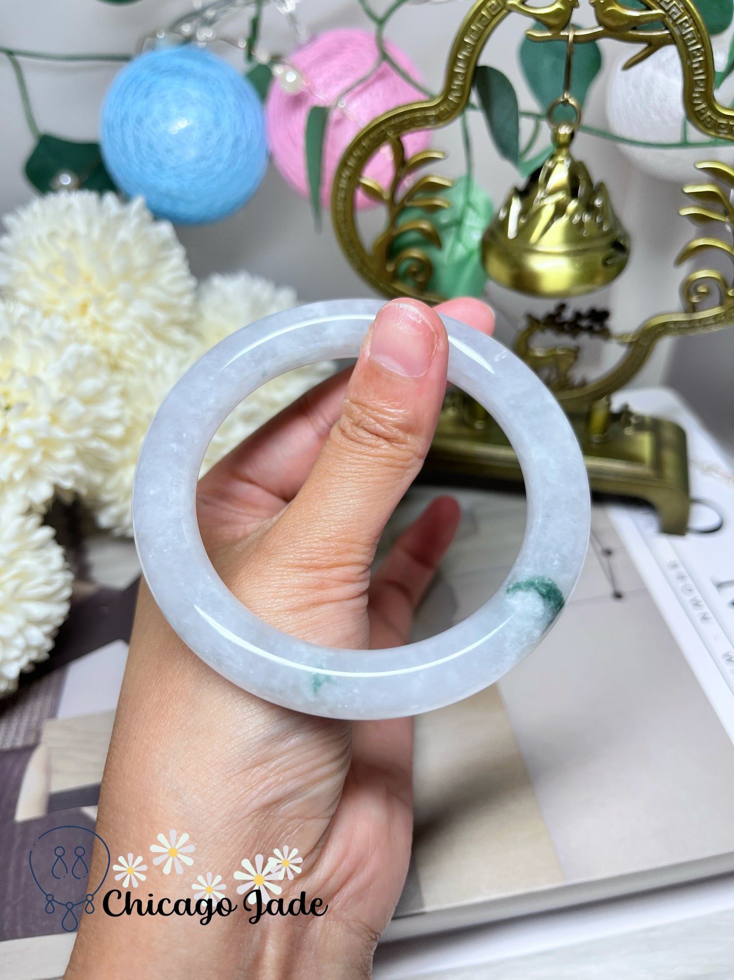57.2mm Size M Icy Translucent High Quality Round Jadeite Jade Feicui Bangle Handmade Gift