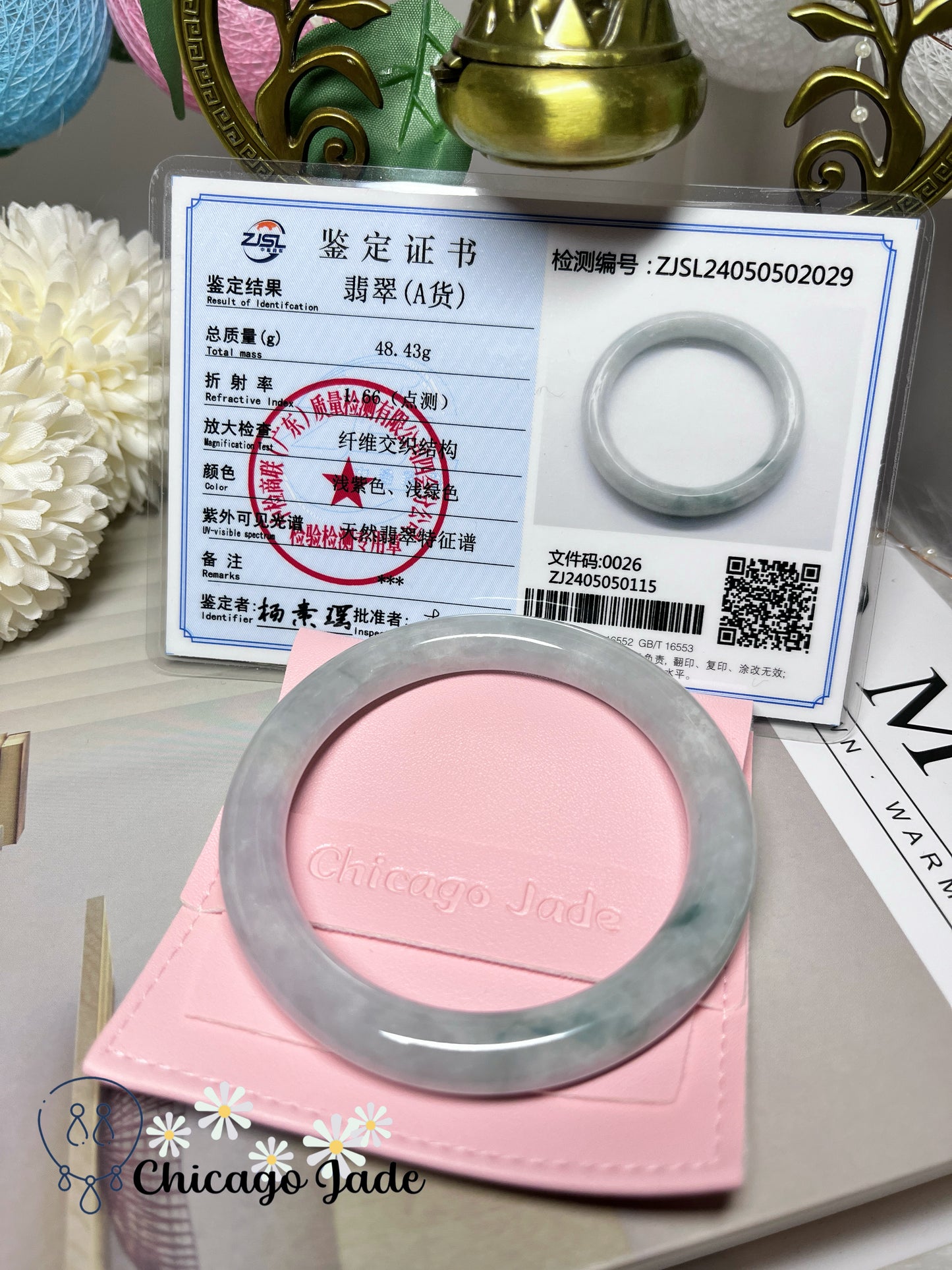 57.6mm Size L Icy Purple Blue Flower Natural Grade A Authentic Certified Jadeite Jade Feicui Bangle