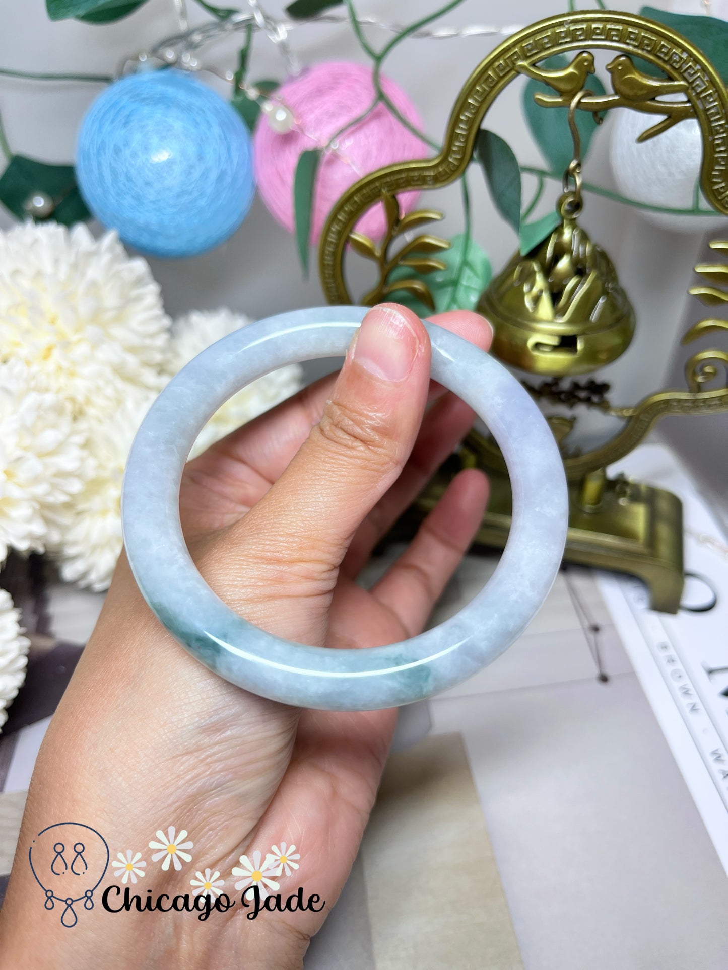 57.6mm Size L Icy Purple Blue Flower Natural Grade A Authentic Certified Jadeite Jade Feicui Bangle