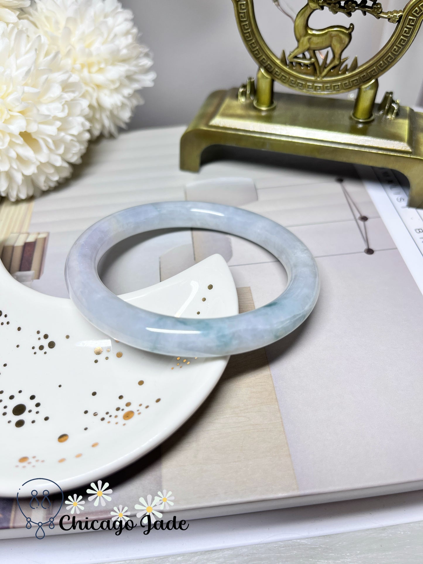 57.6mm Size L Icy Purple Blue Flower Natural Grade A Authentic Certified Jadeite Jade Feicui Bangle