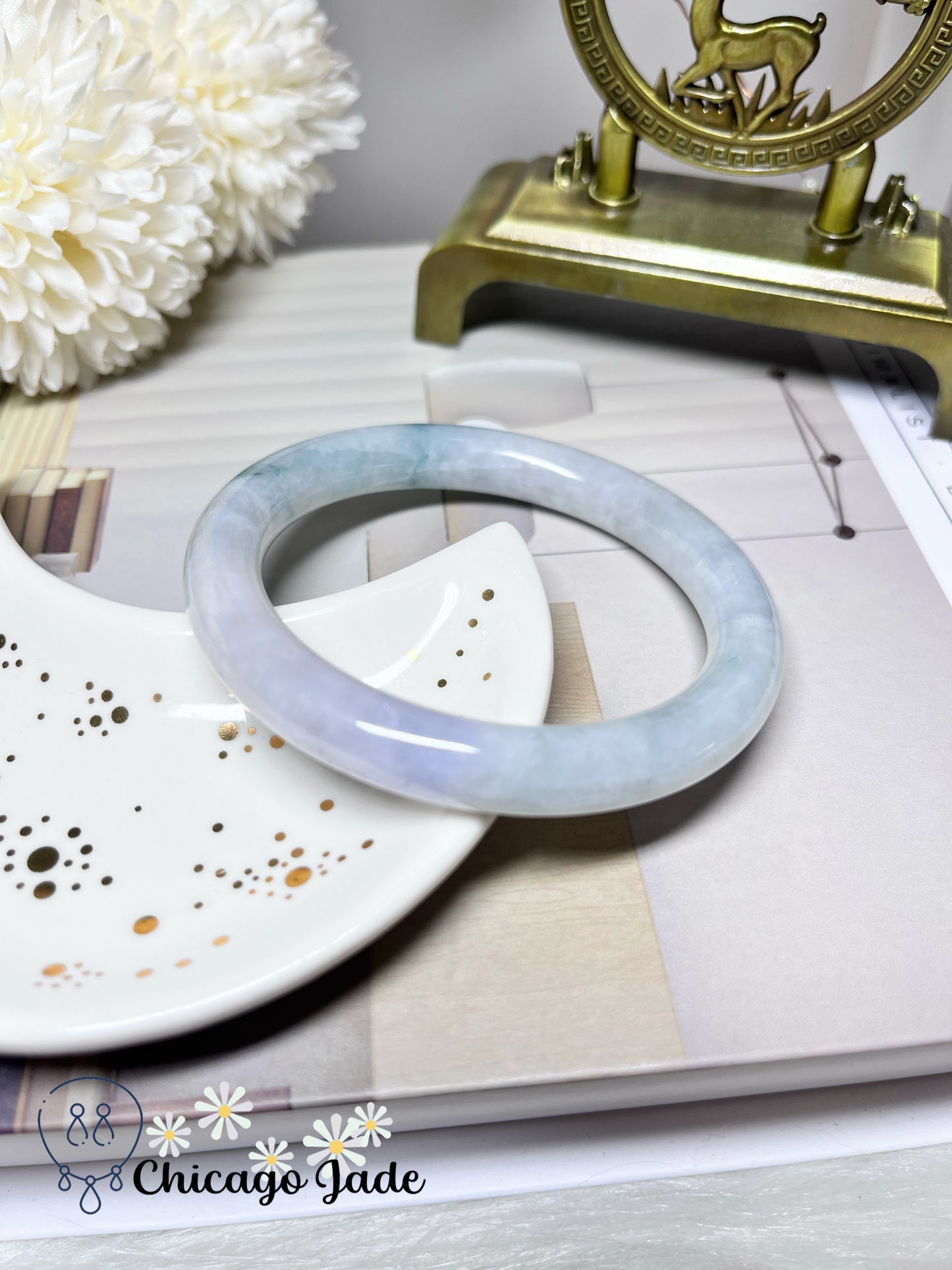 57.6mm Size L Icy Purple Blue Flower Natural Grade A Authentic Certified Jadeite Jade Feicui Bangle