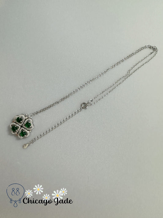 Jade Flower Pendant Necklace, Adjustable Sterling Silver Chain, Authentic Green Jade Stones