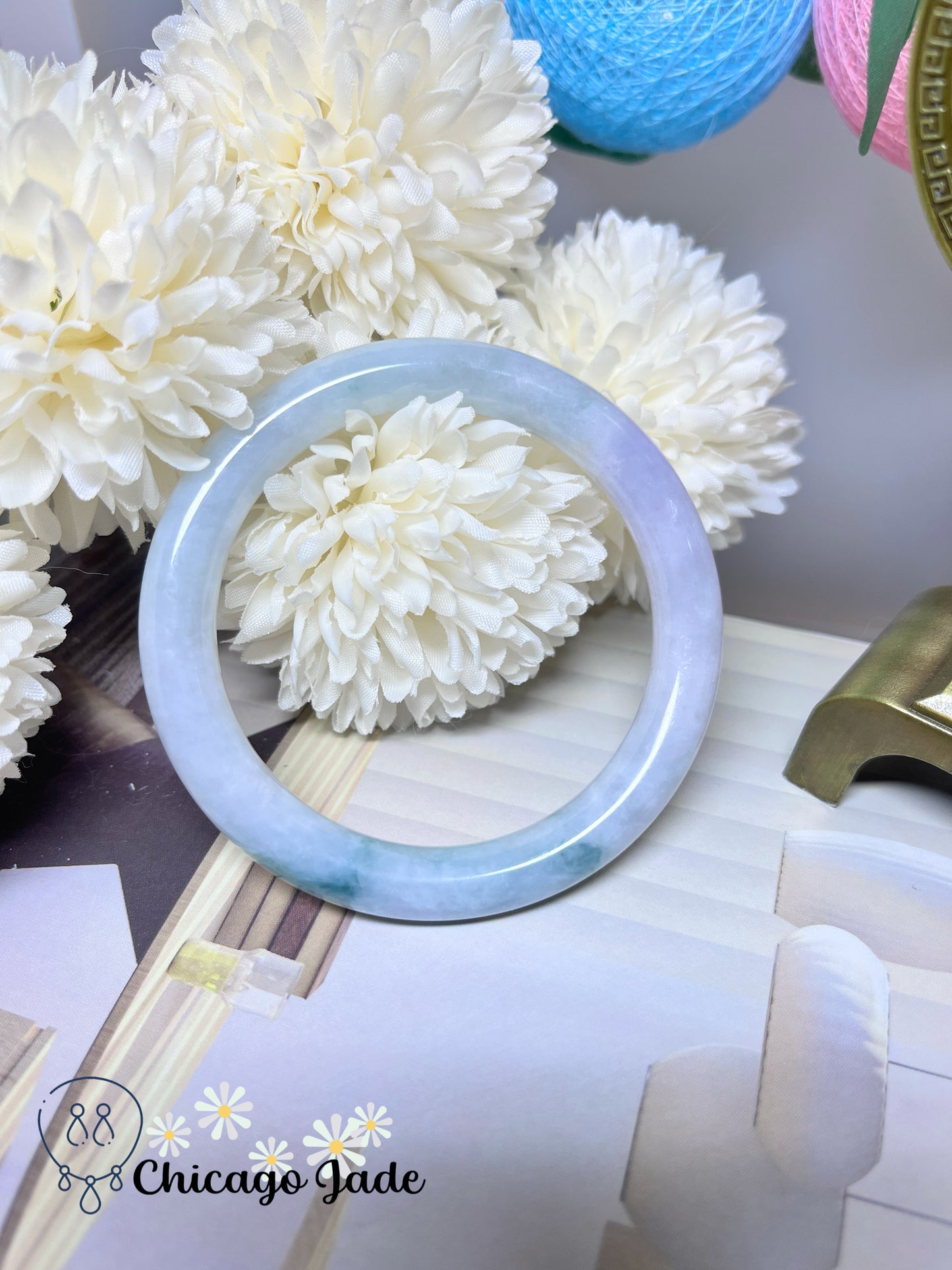 57.6mm Size L Icy Purple Blue Flower Natural Grade A Authentic Certified Jadeite Jade Feicui Bangle