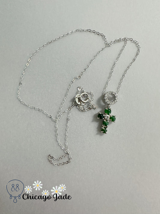Jade Stone Cross Pendant Necklace, Sterling Silver Chain, Adjustable Length, Green Gemstones