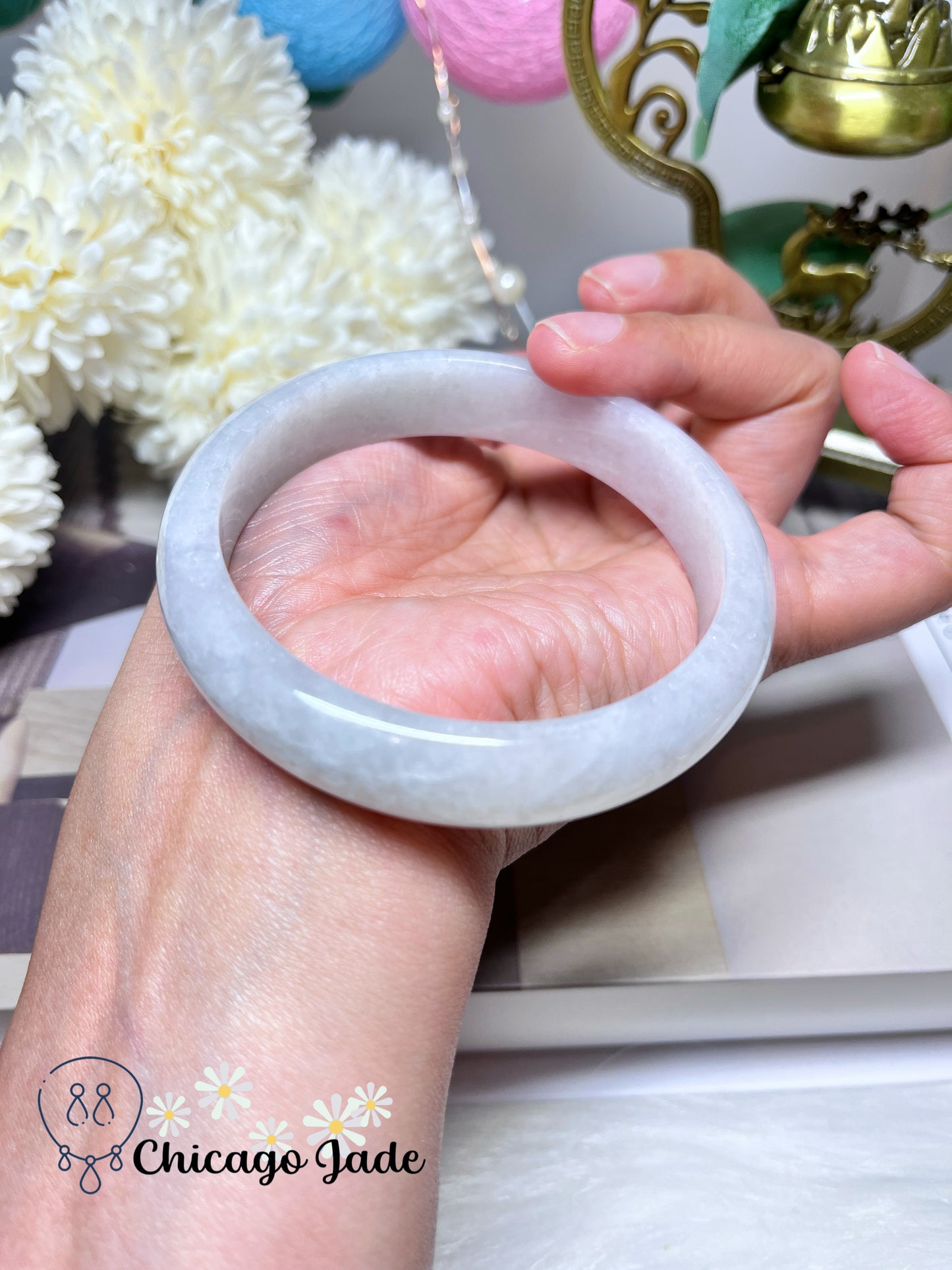 60.9mm Size L Icy White Natural Grade A Authentic Untreated Burma Jadeite Jade Feicui Bangle
