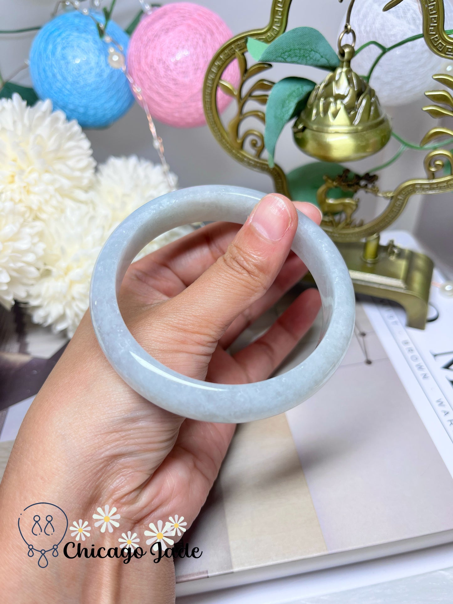 60.9mm Size L Icy White Natural Grade A Authentic Untreated Burma Jadeite Jade Feicui Bangle