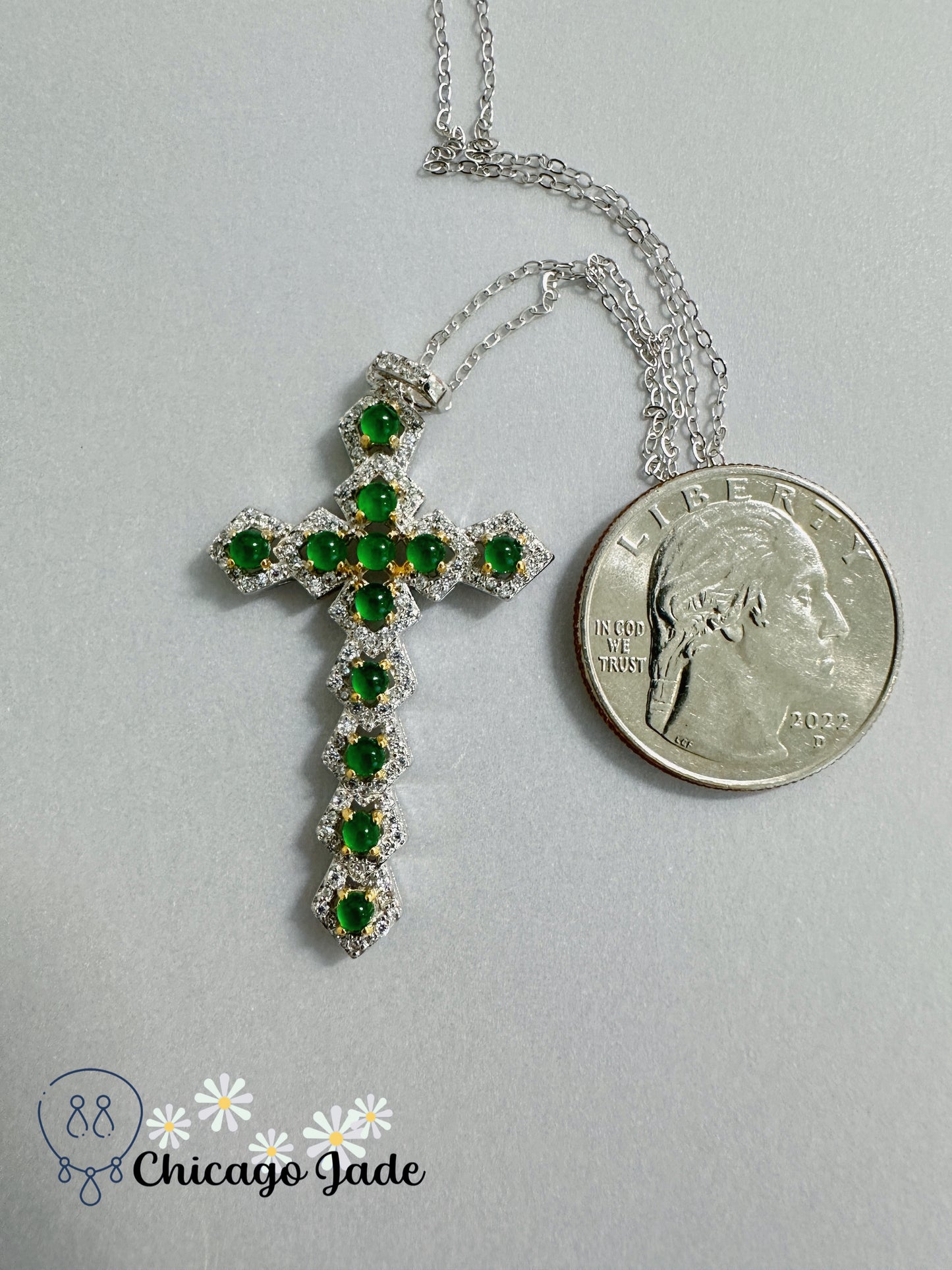 Green Crystal Cross Necklace with Jade Stone Pendant and Sterling Silver Chain, Handmade Elegant Gift