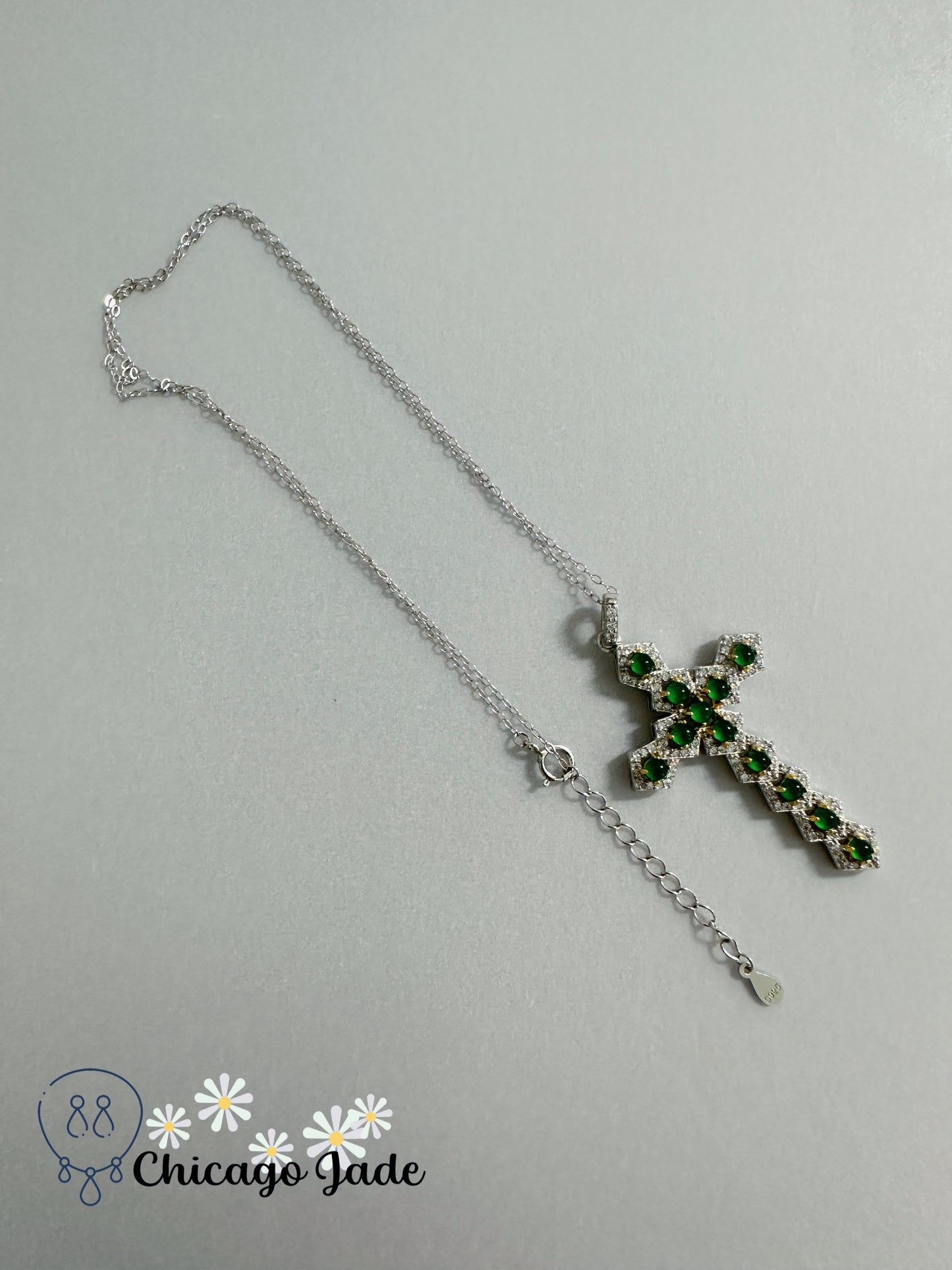 Green Crystal Cross Necklace with Jade Stone Pendant and Sterling Silver Chain, Handmade Elegant Gift