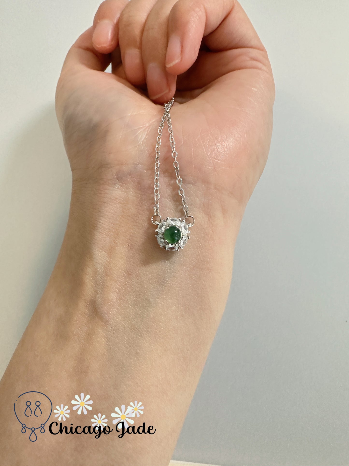 Jade Pendant Necklace, 18 inches, Sterling Silver, Green Jadeite Stone, Handmade