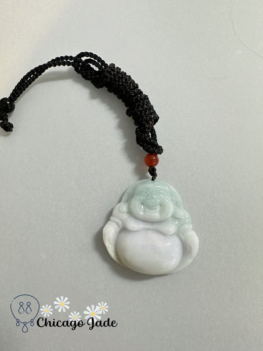 Buddha Pendant, Green Jade, Smiling Buddha Carving, Authentic Rope Gift for Her