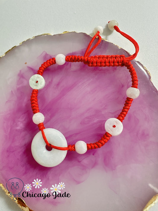 Jade Bracelet, Round, Red Rope, Handmade, Japanese Style (Small)