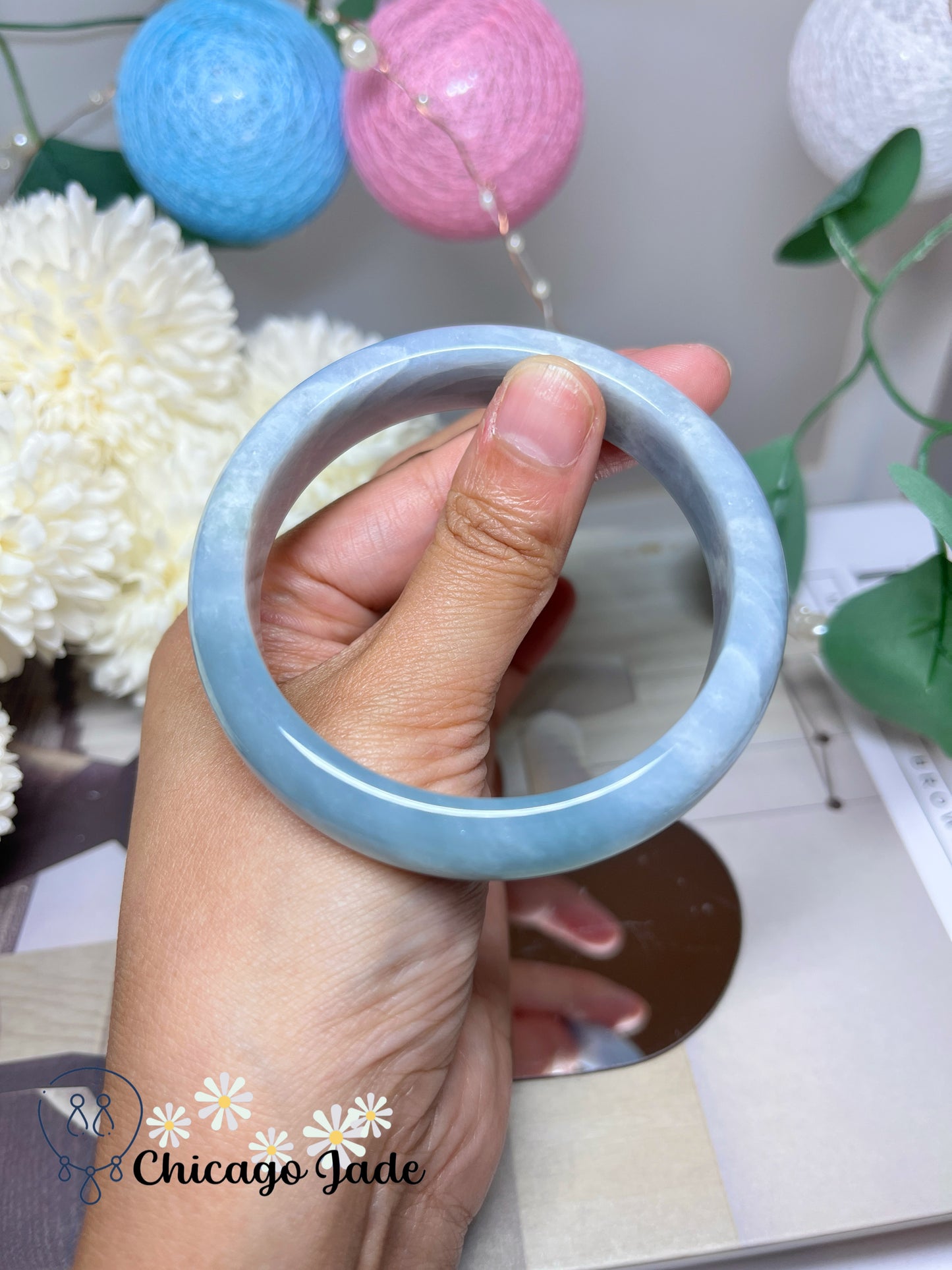 57.1mm Size M Ocean Blue White Clouds Natural Grade A Authentic Untreated Burma Jadeite Jade Feicui Bangle