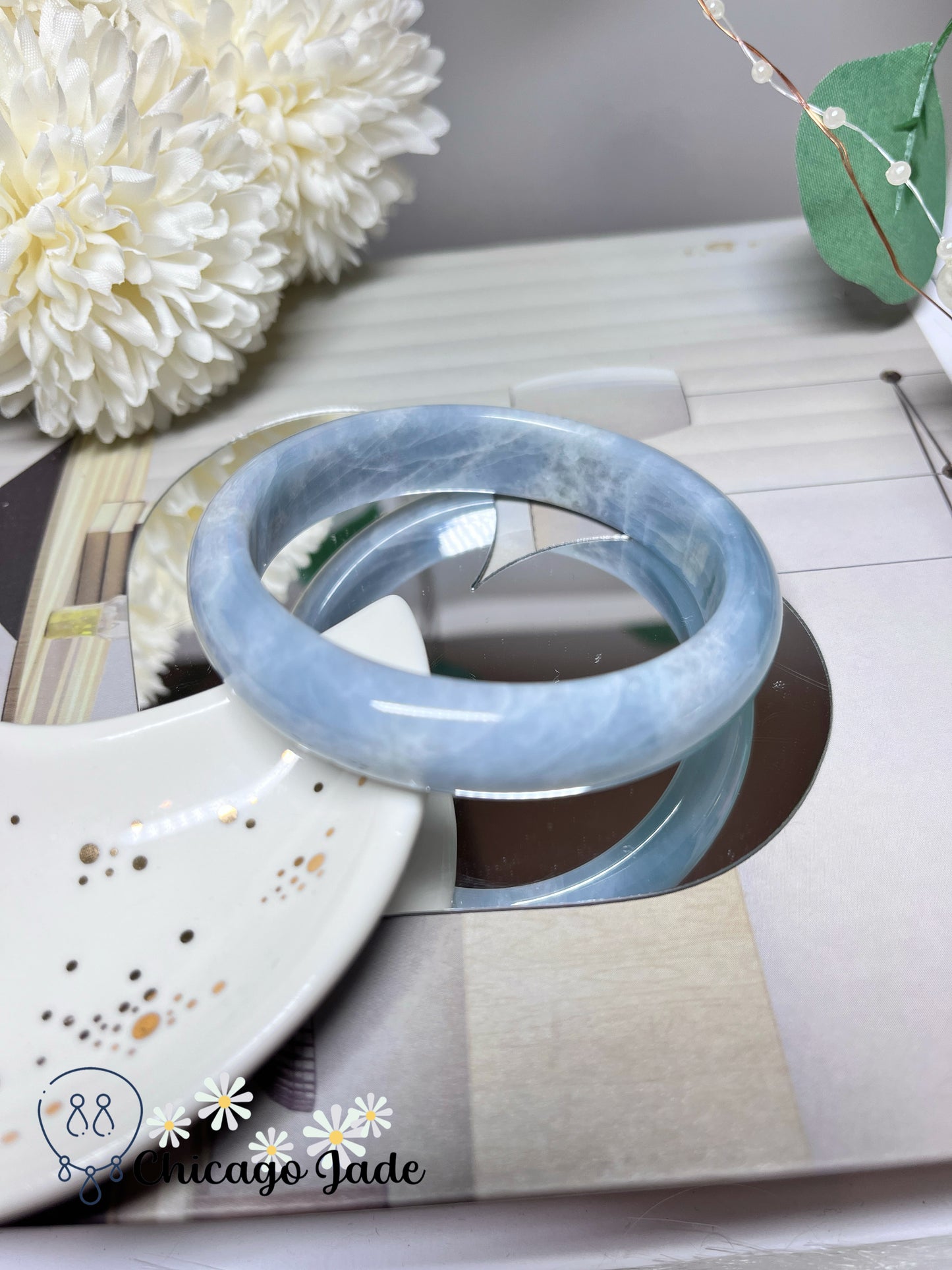 57.1mm Size M Ocean Blue White Clouds Natural Grade A Authentic Untreated Burma Jadeite Jade Feicui Bangle
