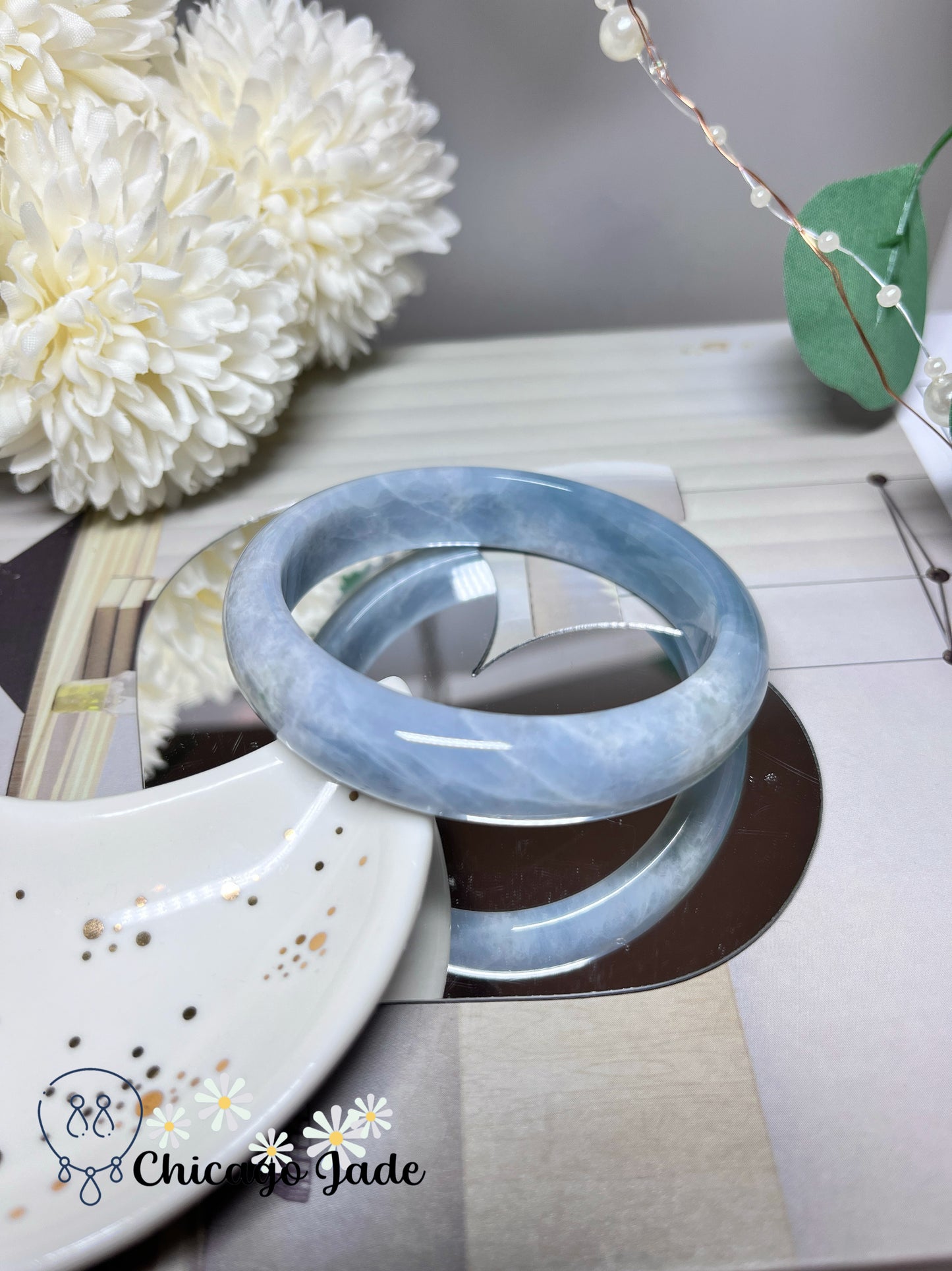57.1mm Size M Ocean Blue White Clouds Natural Grade A Authentic Untreated Burma Jadeite Jade Feicui Bangle