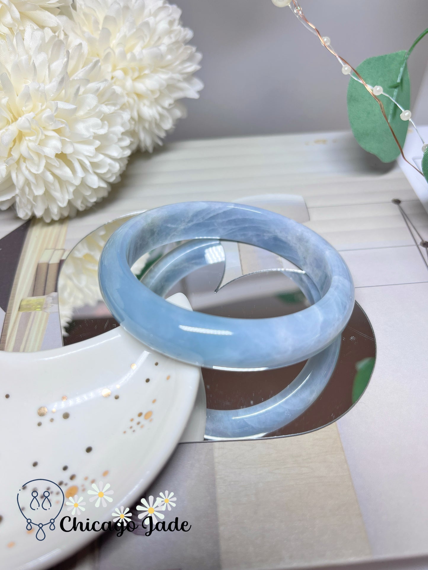 57.1mm Size M Ocean Blue White Clouds Natural Grade A Authentic Untreated Burma Jadeite Jade Feicui Bangle