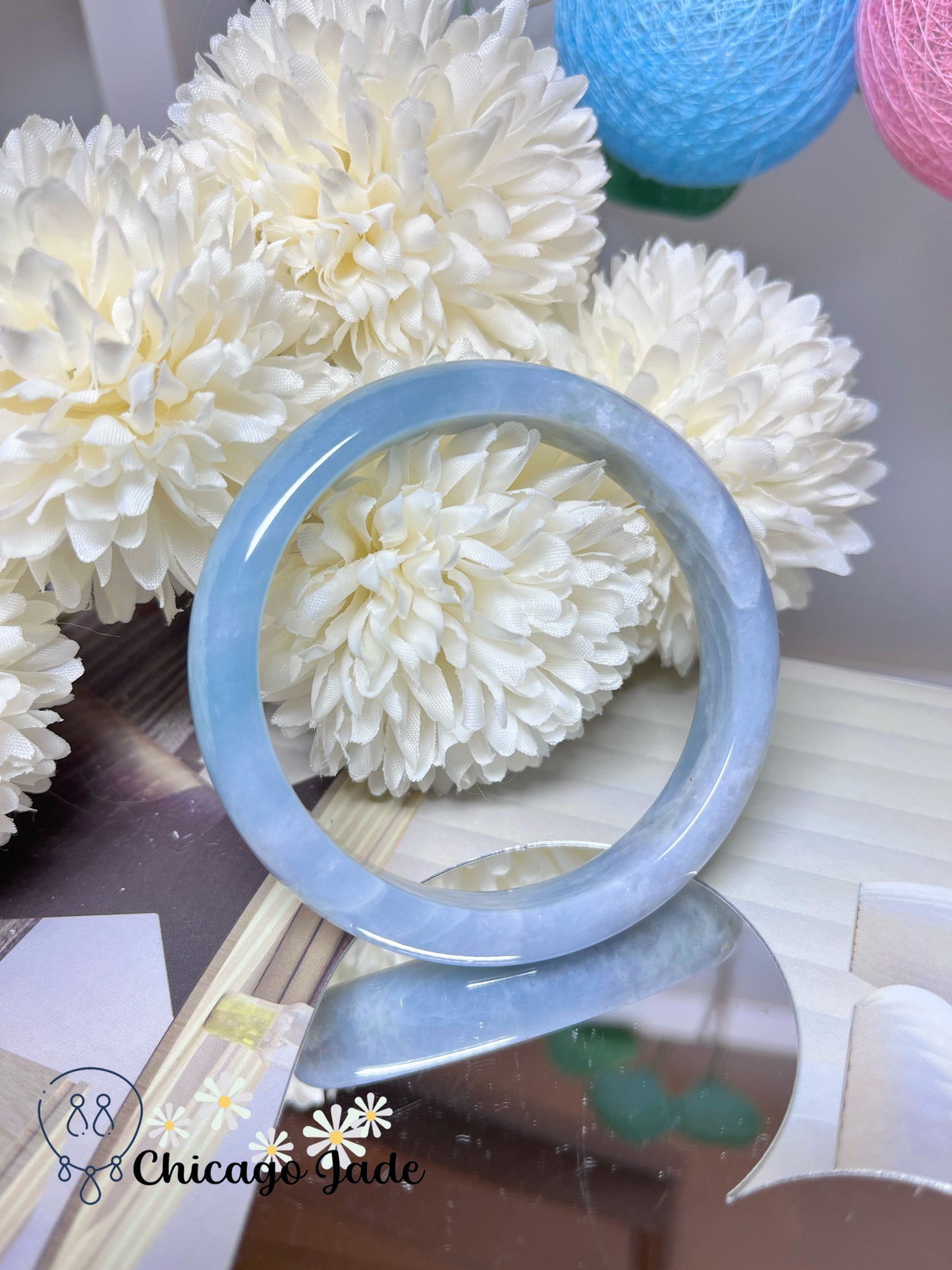 57.1mm Size M Ocean Blue White Clouds Natural Grade A Authentic Untreated Burma Jadeite Jade Feicui Bangle