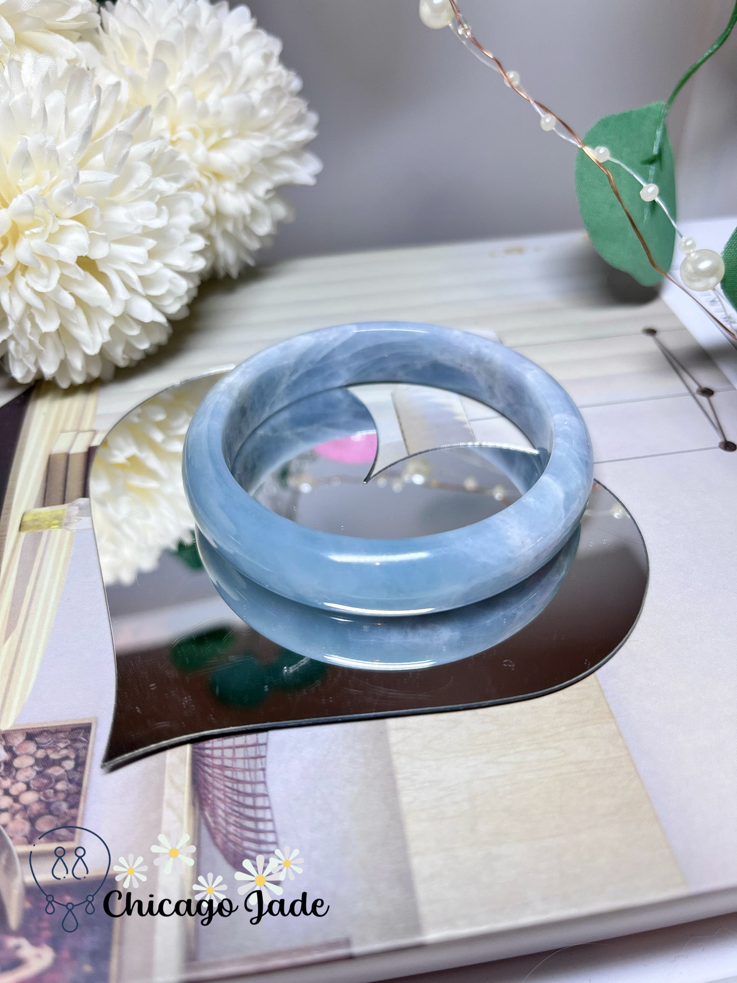 57.1mm Size M Ocean Blue White Clouds Natural Grade A Authentic Untreated Burma Jadeite Jade Feicui Bangle