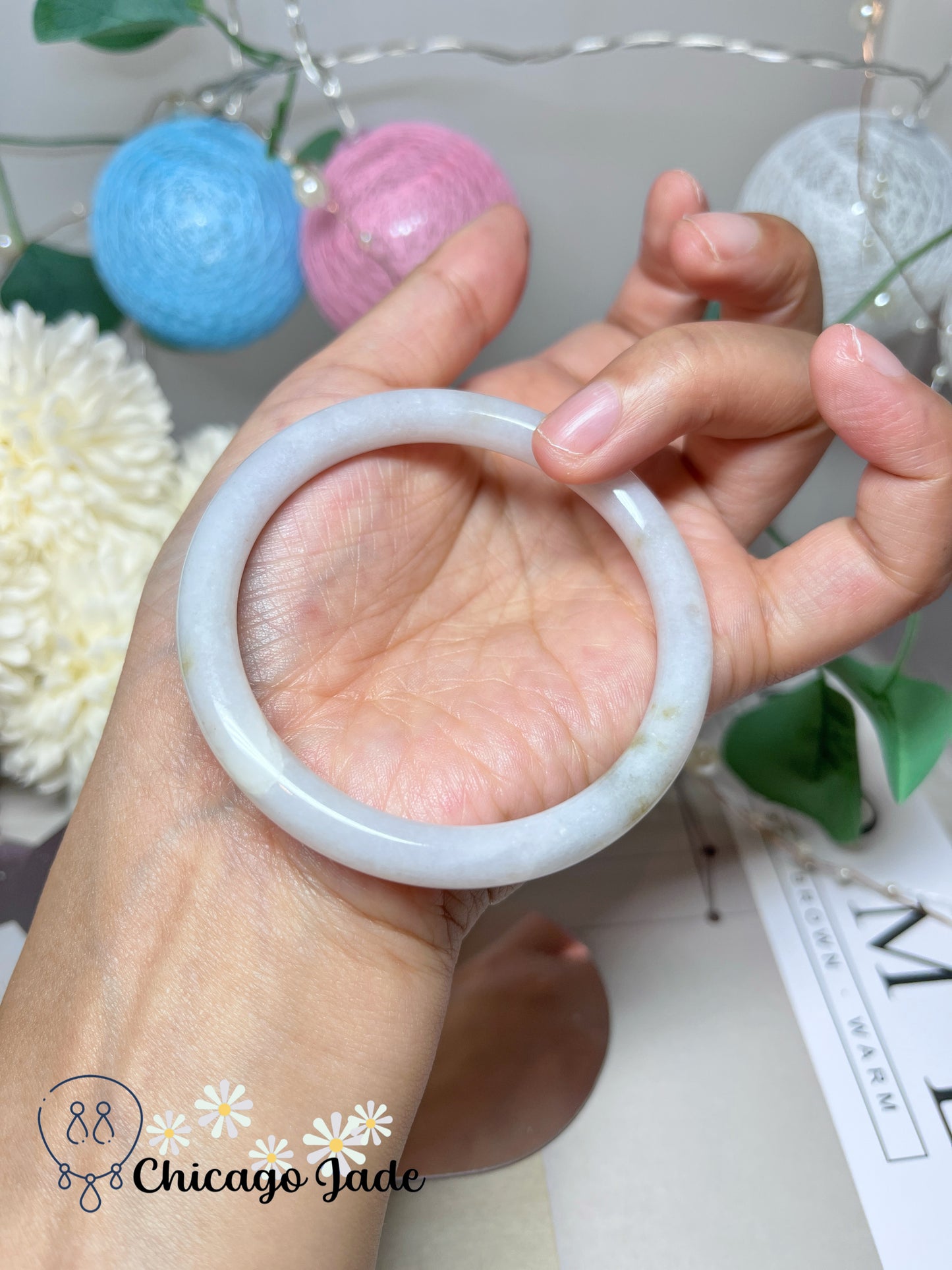 55.3mm Size S White Base Yellow Highlight Natural Grade A Authentic Jadeite Jade Feicui Bangle