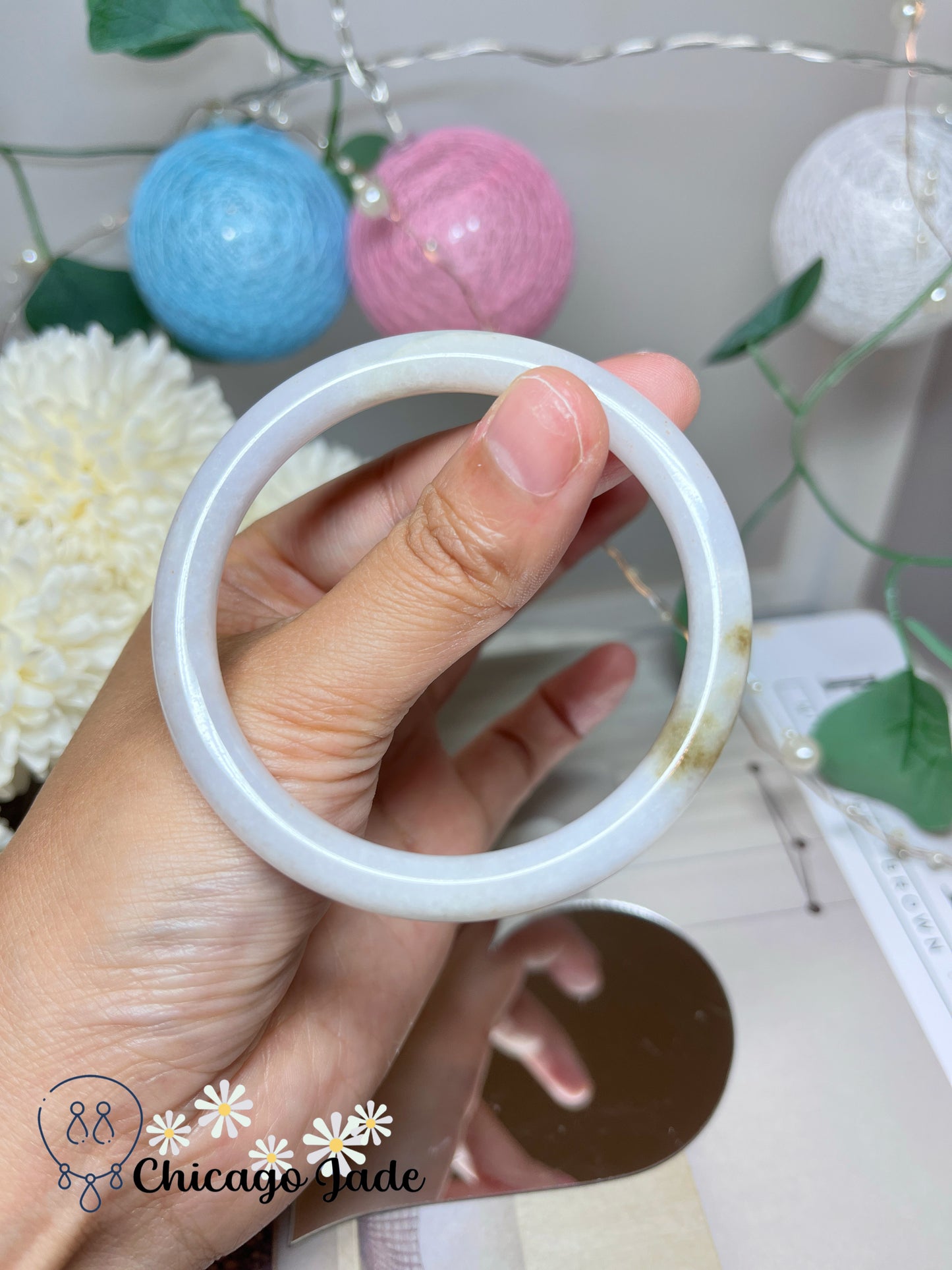 55.3mm Size S White Base Yellow Highlight Natural Grade A Authentic Jadeite Jade Feicui Bangle