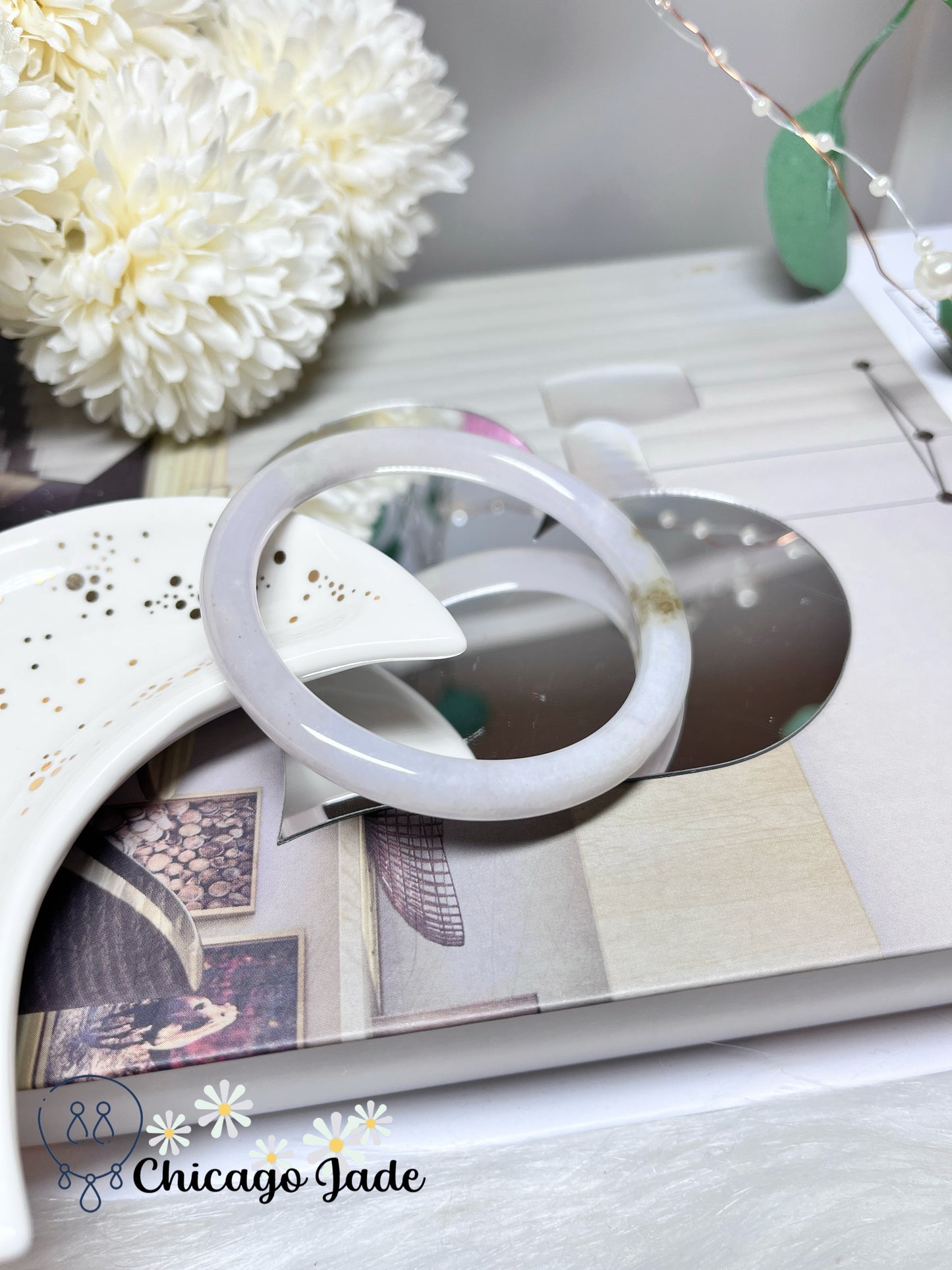 55.3mm Size S White Base Yellow Highlight Natural Grade A Authentic Jadeite Jade Feicui Bangle