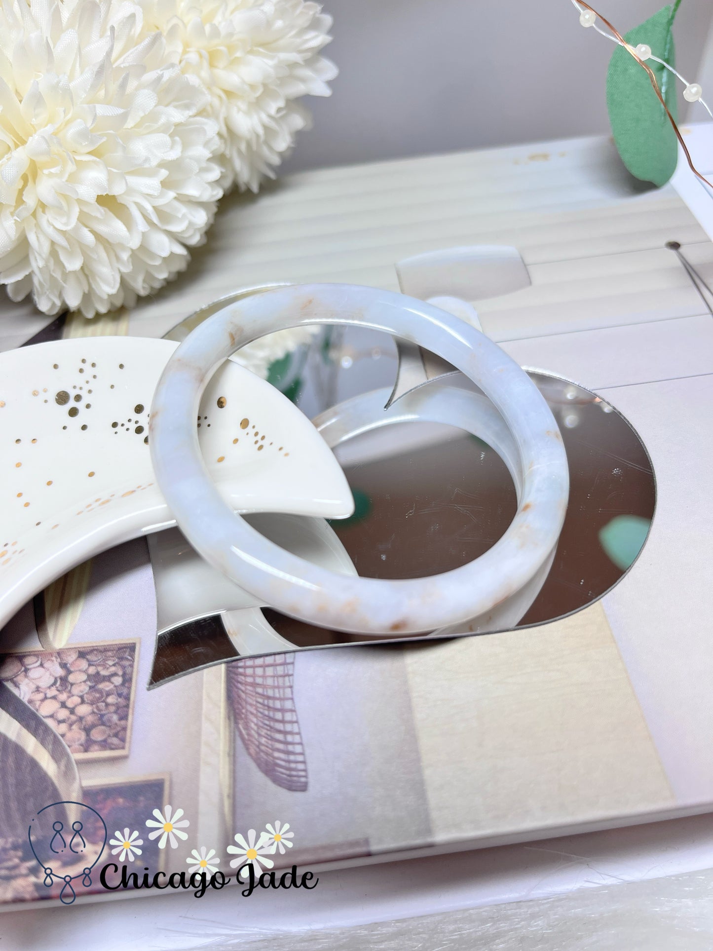 54.9mm Size M Snow-white Base Golden Highlights Natural Grade A Authentic Untreated Burma Jadeite Jade Feicui Bangle