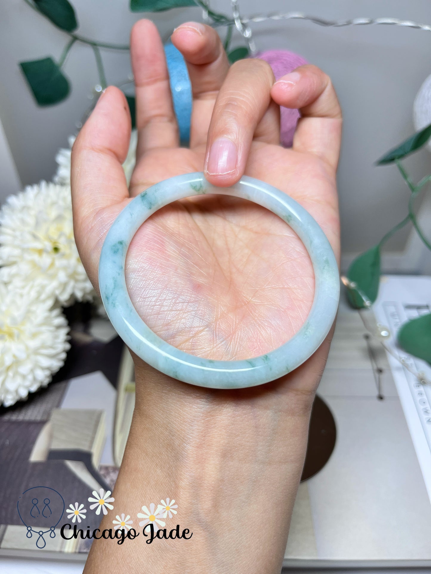 55.9mm Size M Translucent White Base Floral Green Natural Untreated Grade A Authentic Burma Jadeite Jade Feicui Bangle