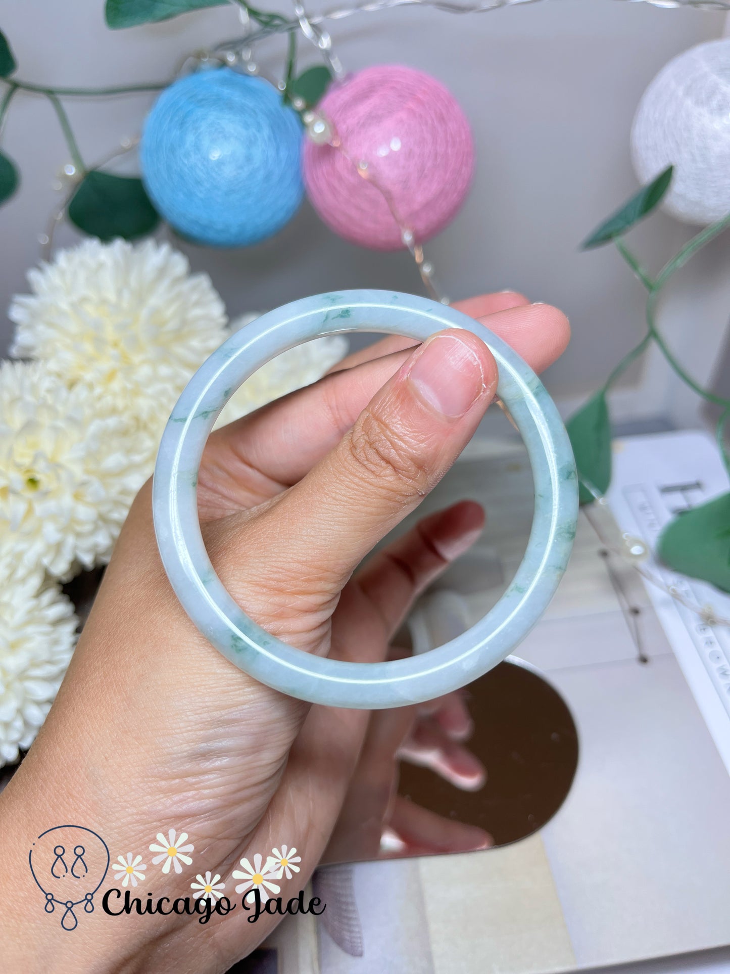55.9mm Size M Translucent White Base Floral Green Natural Untreated Grade A Authentic Burma Jadeite Jade Feicui Bangle