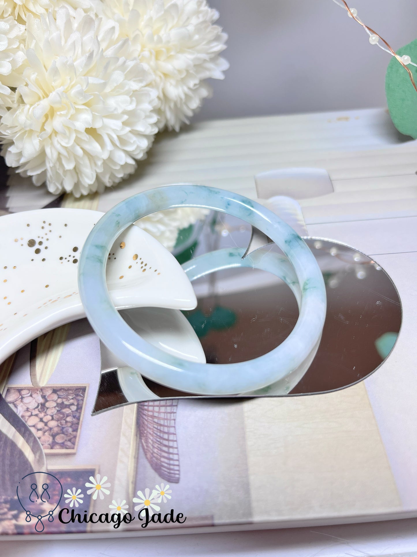 55.9mm Size M Translucent White Base Floral Green Natural Untreated Grade A Authentic Burma Jadeite Jade Feicui Bangle