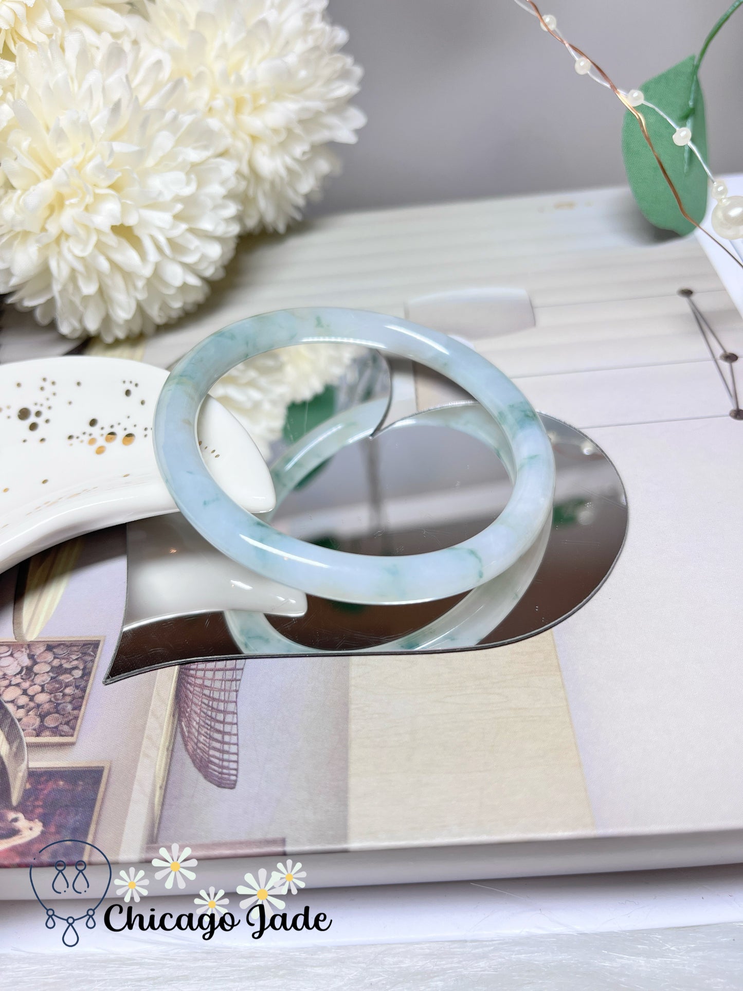 55.9mm Size M Translucent White Base Floral Green Natural Untreated Grade A Authentic Burma Jadeite Jade Feicui Bangle